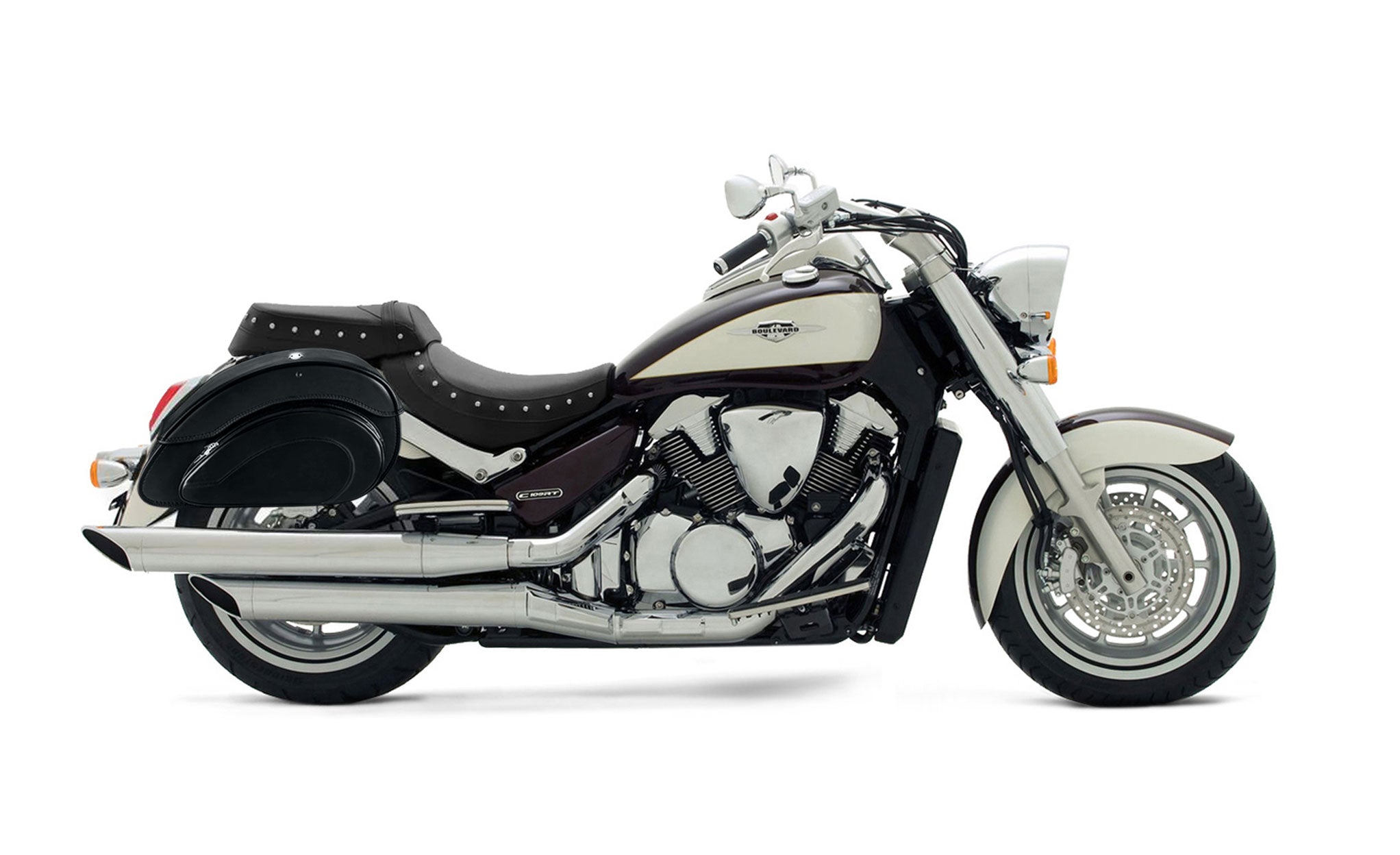 Viking Overlord Large Suzuki Boulevard C109 Leather Motorcycle Saddlebags on Bike Photo @expand