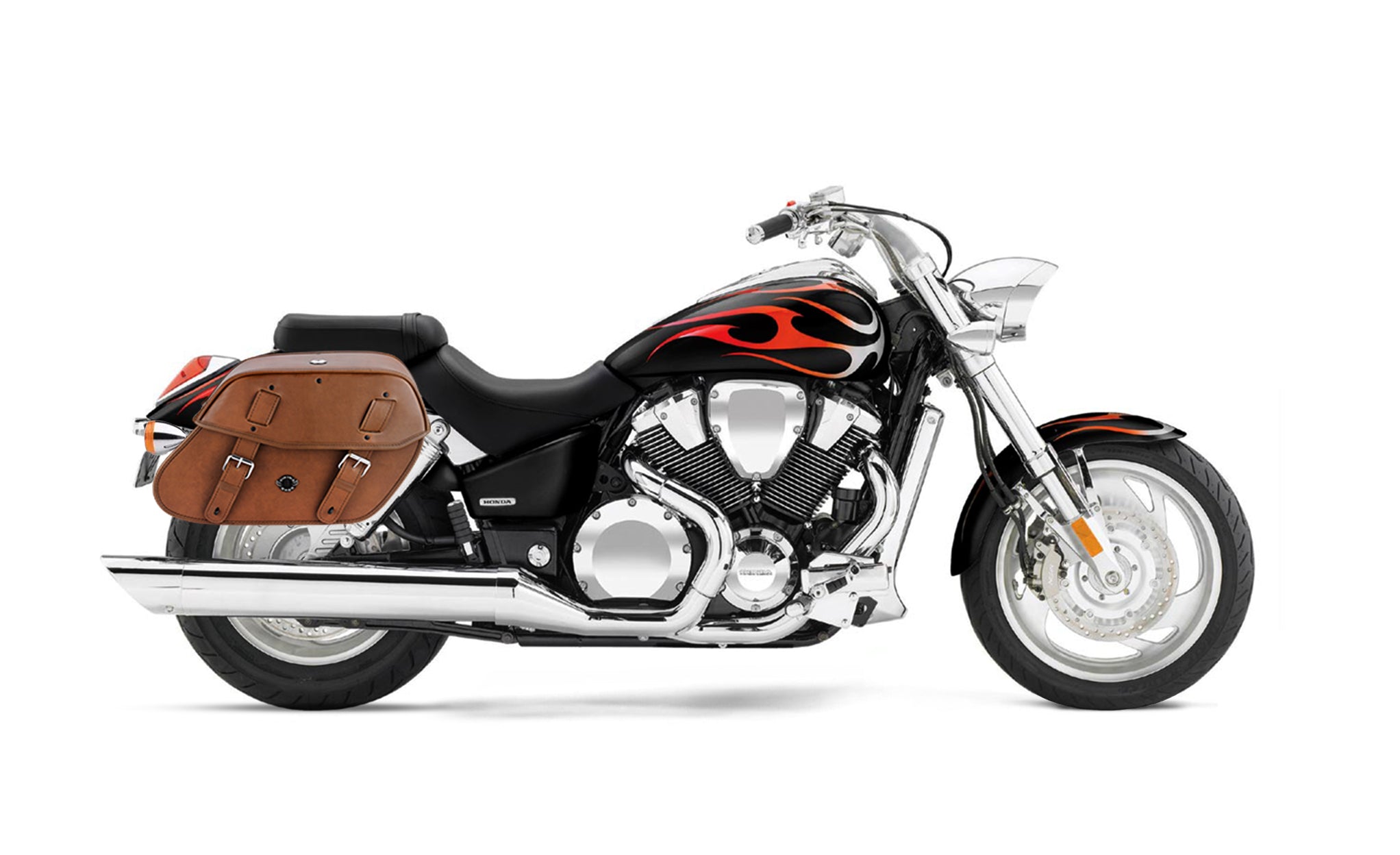 Viking Odin Brown Large Honda Vtx 1800 C Leather Motorcycle Saddlebags on Bike Photo @expand