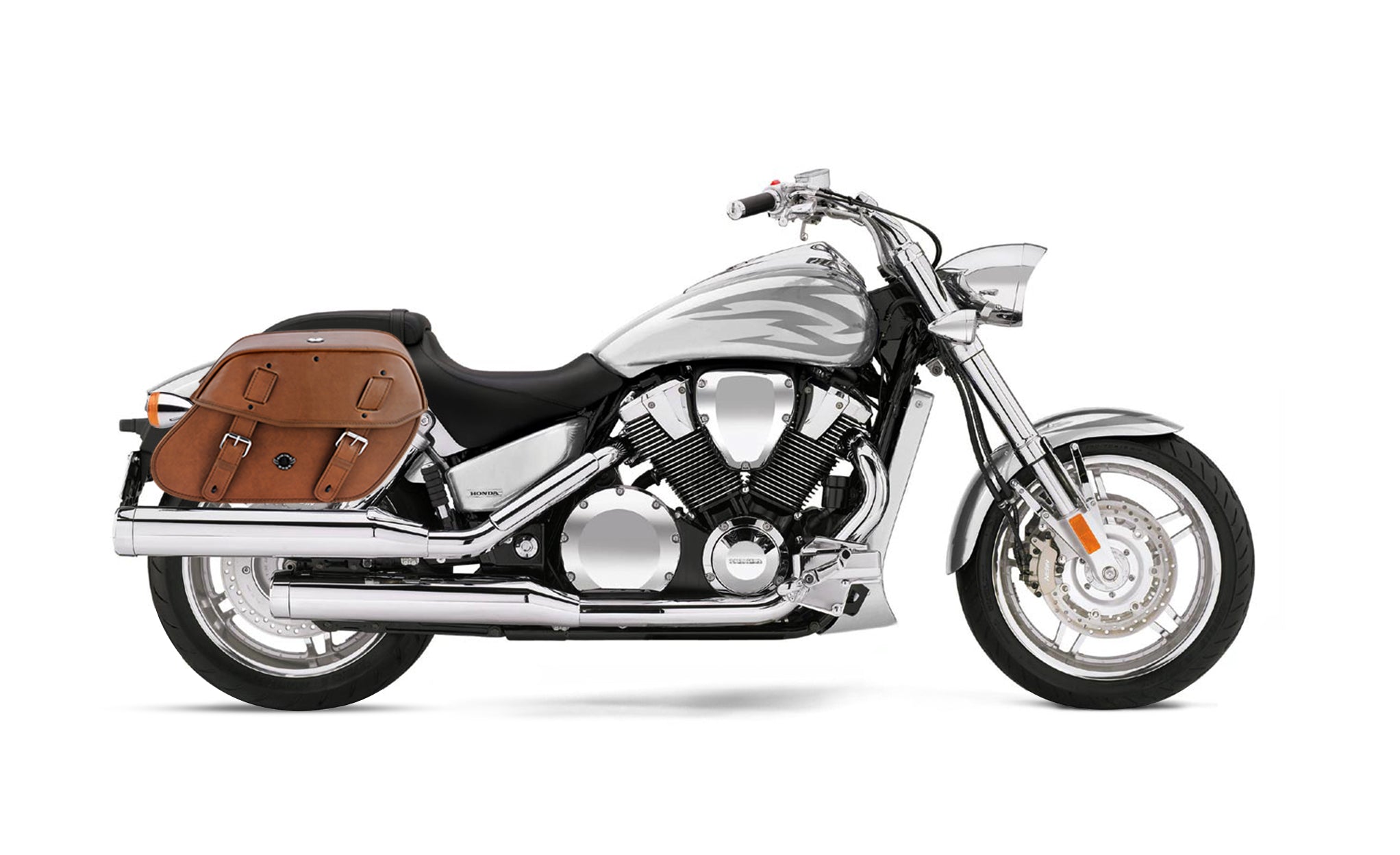 Viking Odin Brown Large Honda Vtx 1800 F Leather Motorcycle Saddlebags on Bike Photo @expand