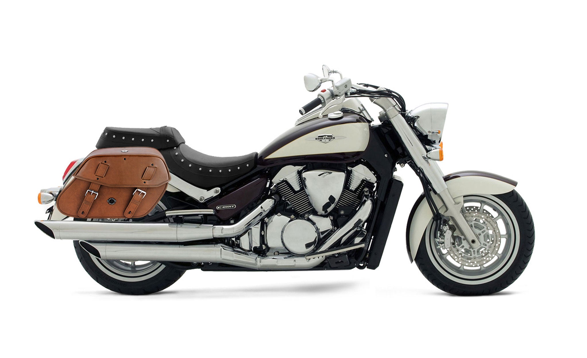 Viking Odin Brown Large Suzuki Boulevard C109 Leather Motorcycle Saddlebags on Bike Photo @expand