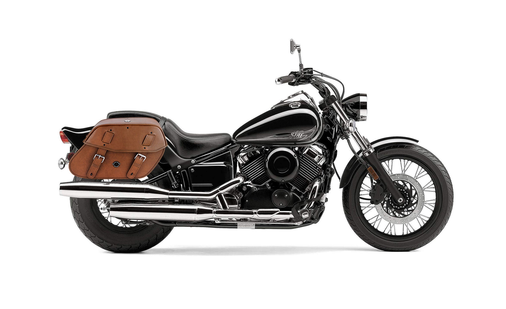 Viking Odin Brown Large Yamaha V Star 650 Custom Xvs65T Leather Motorcycle Saddlebags on Bike Photo @expand