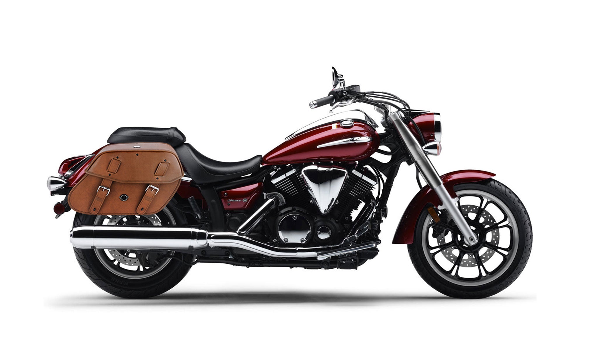 Viking Odin Brown Large Yamaha V Star 950 Leather Motorcycle Saddlebags on Bike Photo @expand