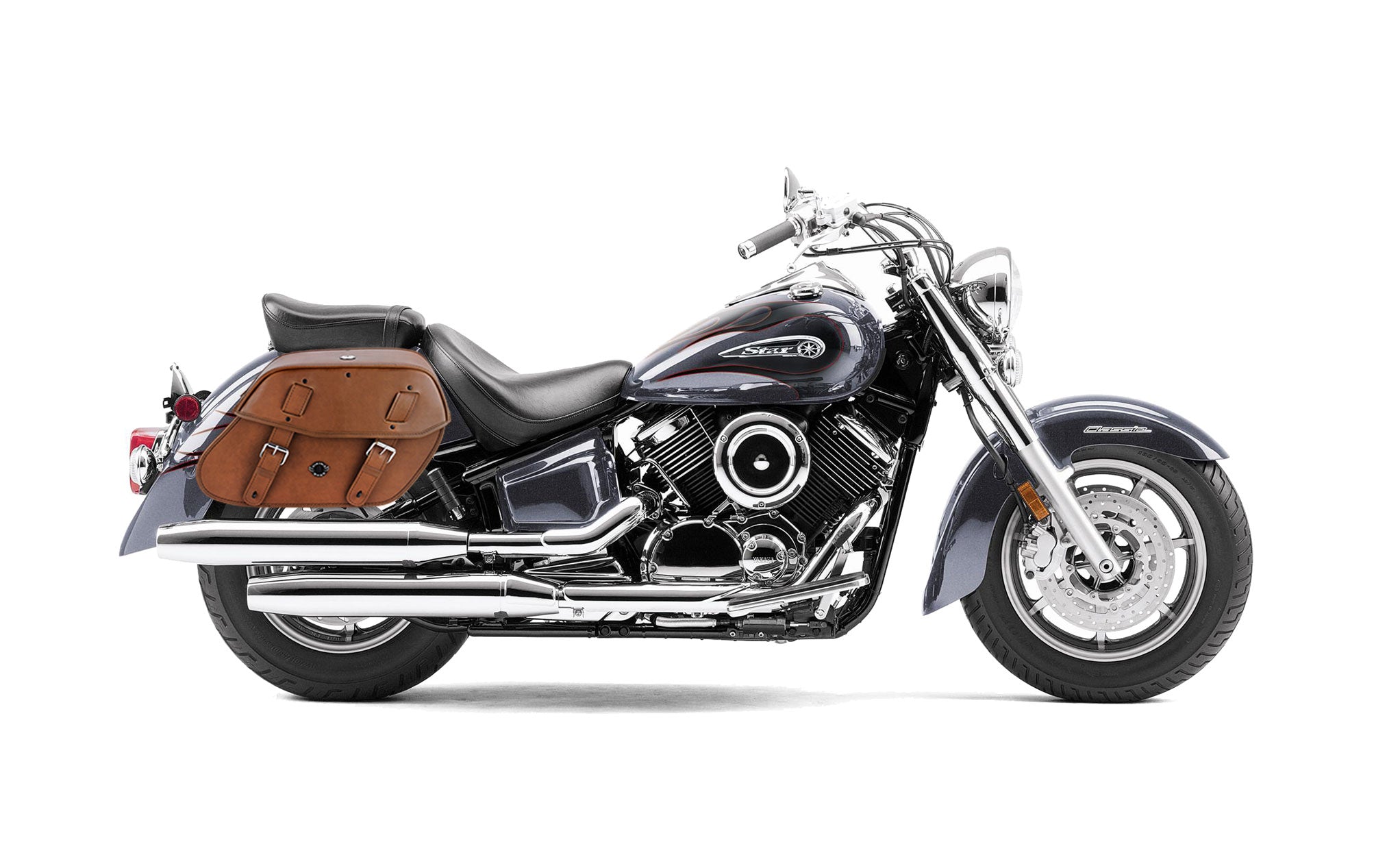 Viking Odin Brown Large Yamaha V Star 1100 Classic Xvs11A Leather Motorcycle Saddlebags on Bike Photo @expand