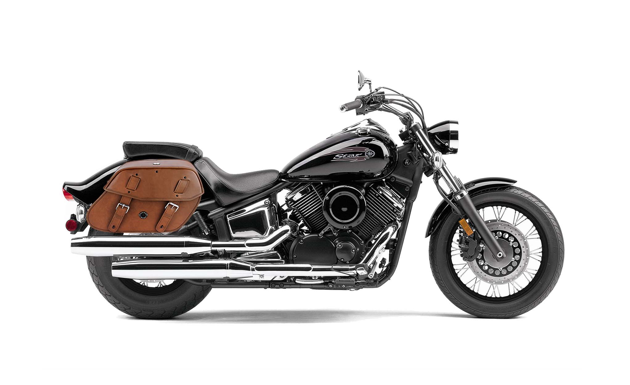 Viking Odin Brown Large Yamaha V Star 1100 Custom Xvs11T Leather Motorcycle Saddlebags on Bike Photo @expand