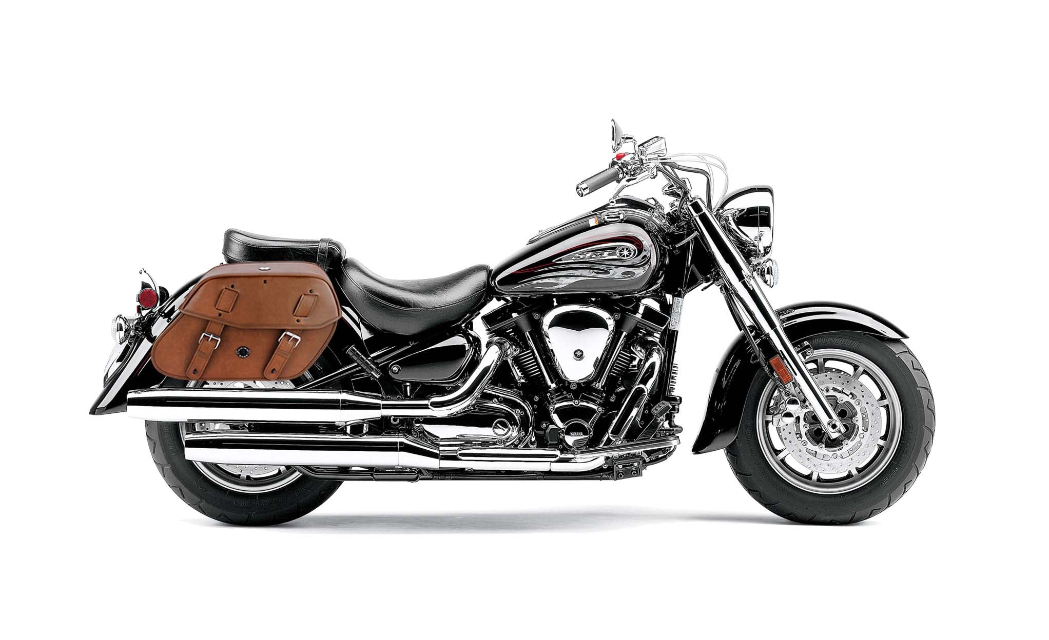 Viking Odin Brown Large Yamaha Road Star S Midnight Leather Motorcycle Saddlebags on Bike Photo @expand