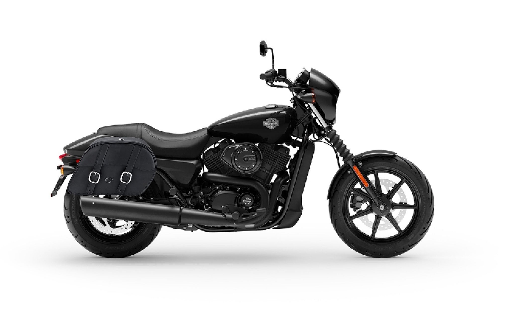 Viking Skarner Large Shock Cut Out Leather Motorcycle Saddlebags For Harley Street 500 on Bike Photo @expand