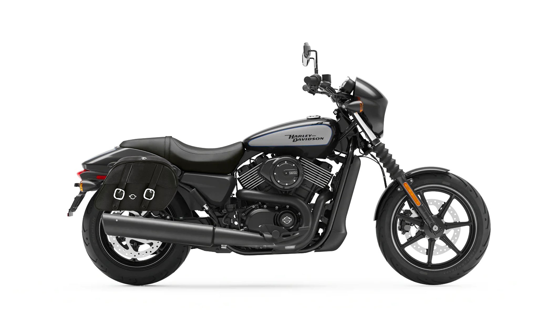 Viking Skarner Large Shock Cut Out Leather Motorcycle Saddlebags For Harley Street 750 on Bike Photo @expand