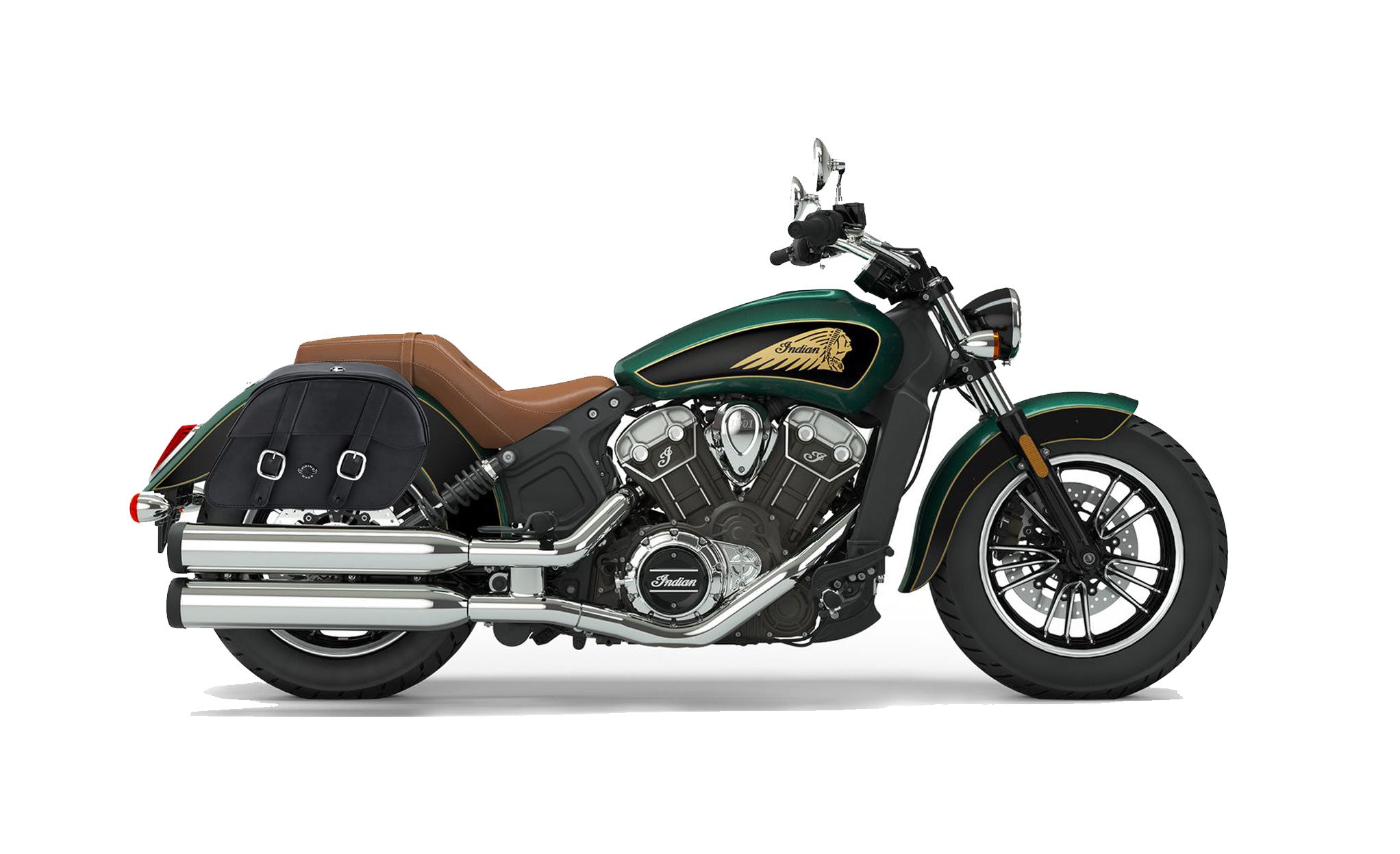 Viking Skarner Medium Lockable Indian Scout Leather Motorcycle Saddlebags on Bike Photo @expand