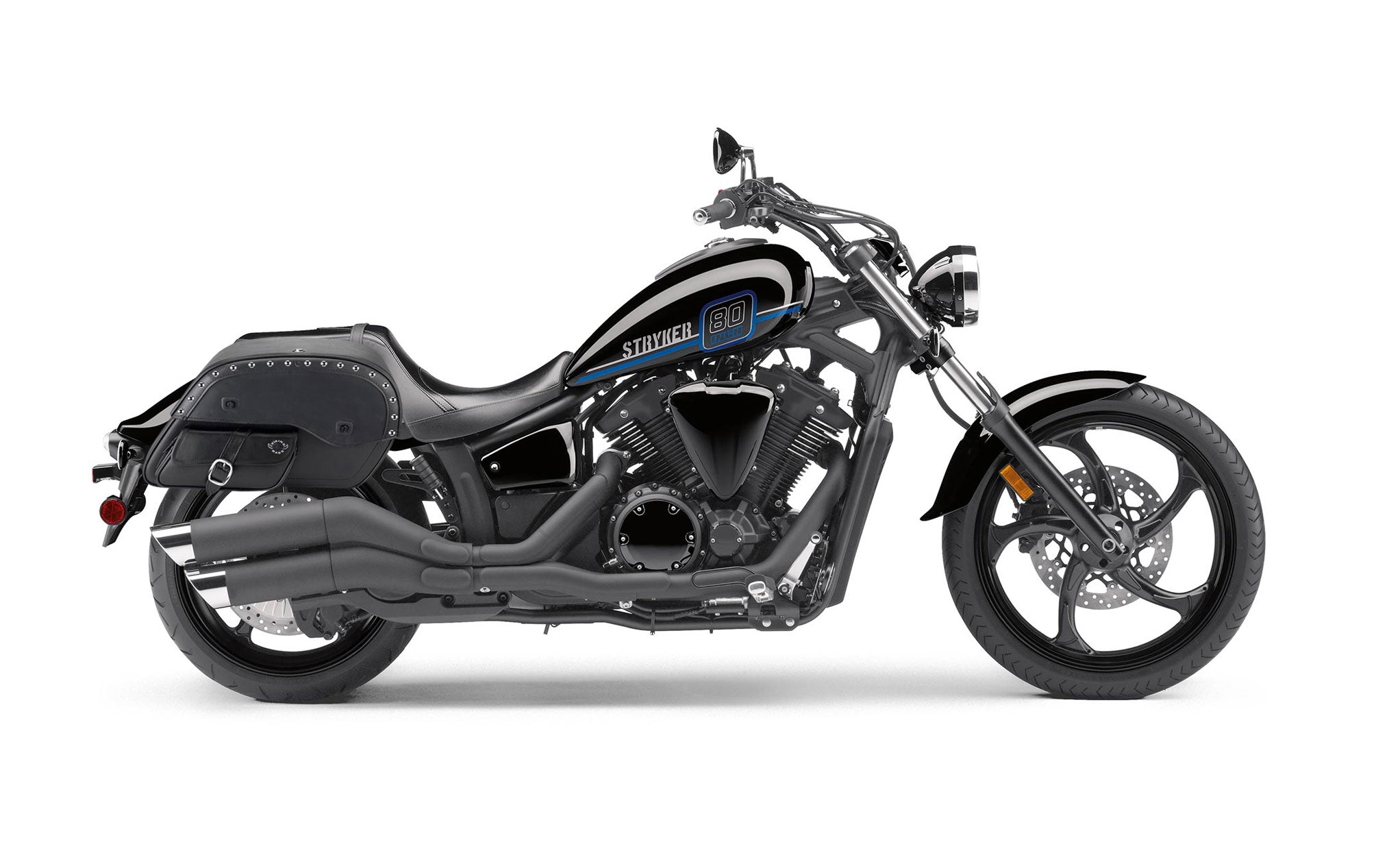 Viking Side Pocket Large Studded Yamaha Stryker Leather Motorcycle Saddlebags on Bike Photo @expand