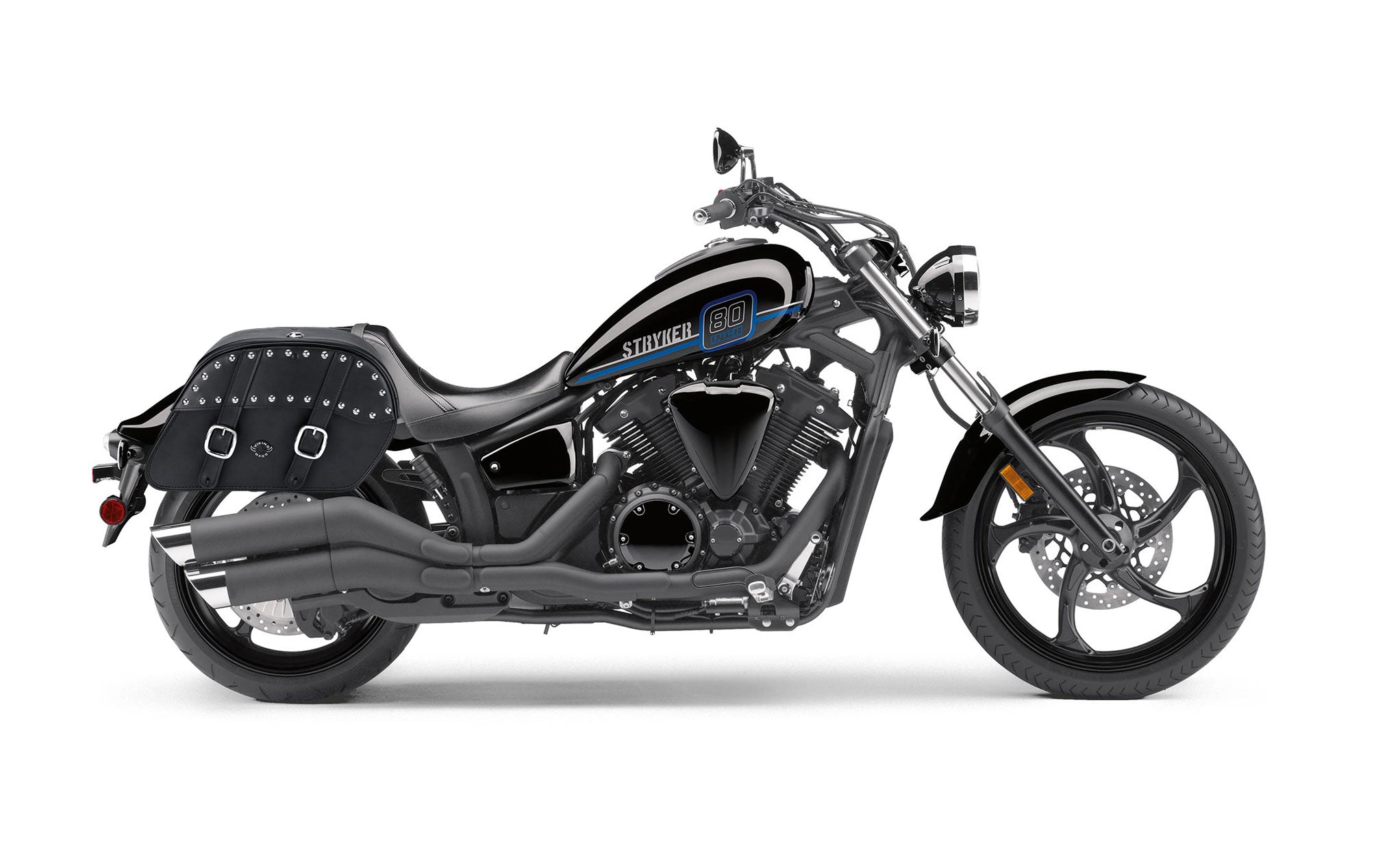 Viking Skarner Large Yamaha Stryker Leather Studded Motorcycle Saddlebags on Bike Photo @expand