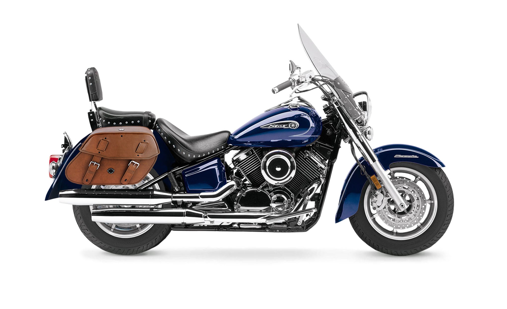 Viking Odin Brown Large Yamaha Silverado Leather Motorcycle Saddlebags on Bike Photo @expand