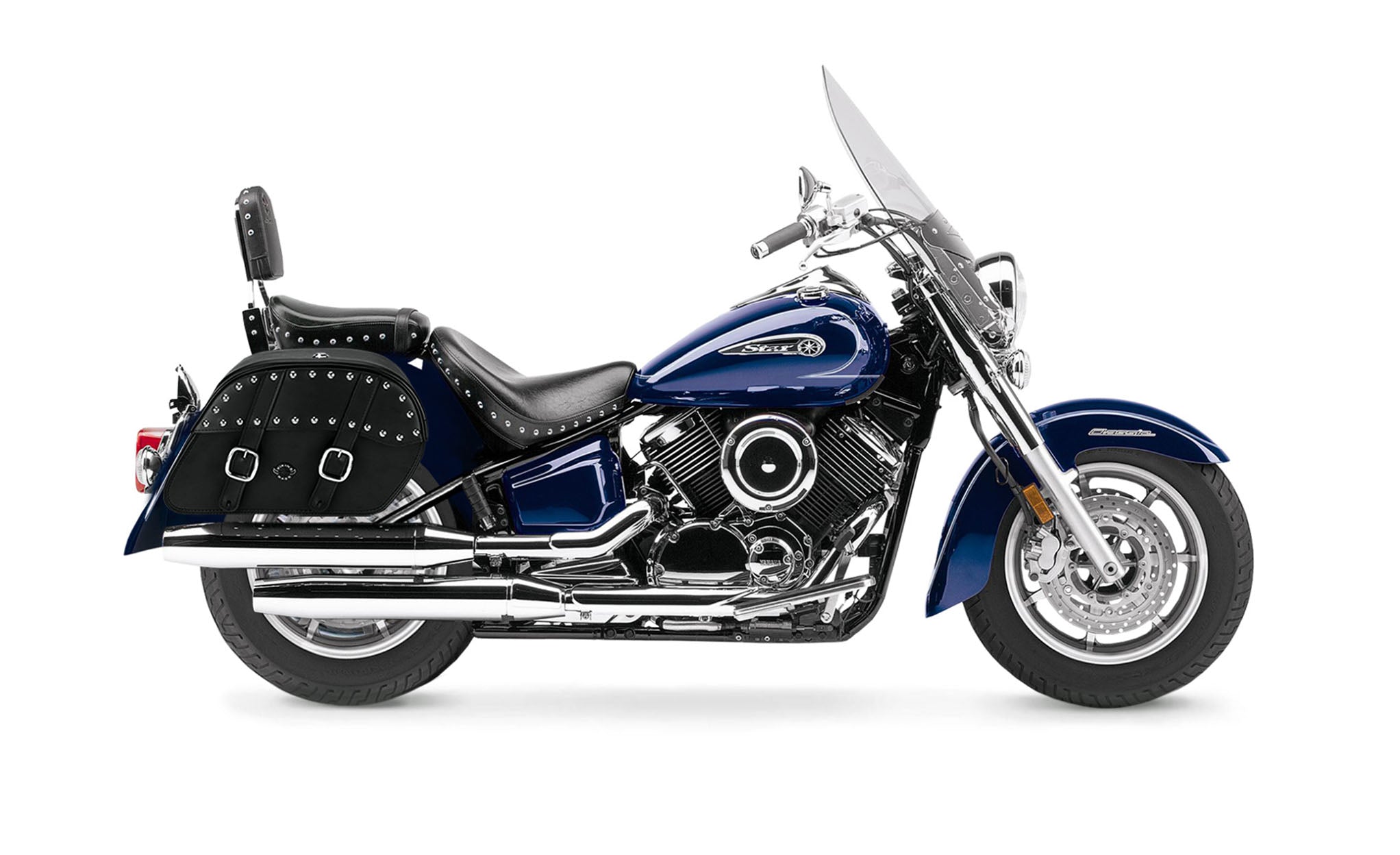 Viking Skarner Large Yamaha Silverado Leather Studded Motorcycle Saddlebags on Bike Photo @expand