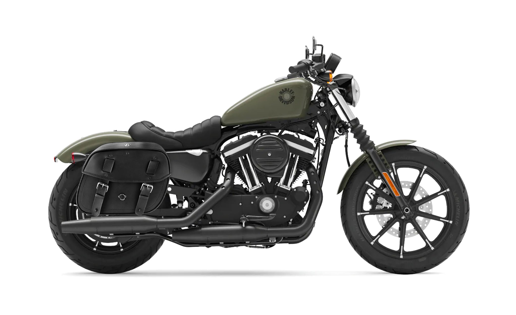 Viking Arch Large Shock Cutout Leather Motorcycle Saddlebags For Harley Sportster 883 Iron Xl883N on Bike Photo @expand