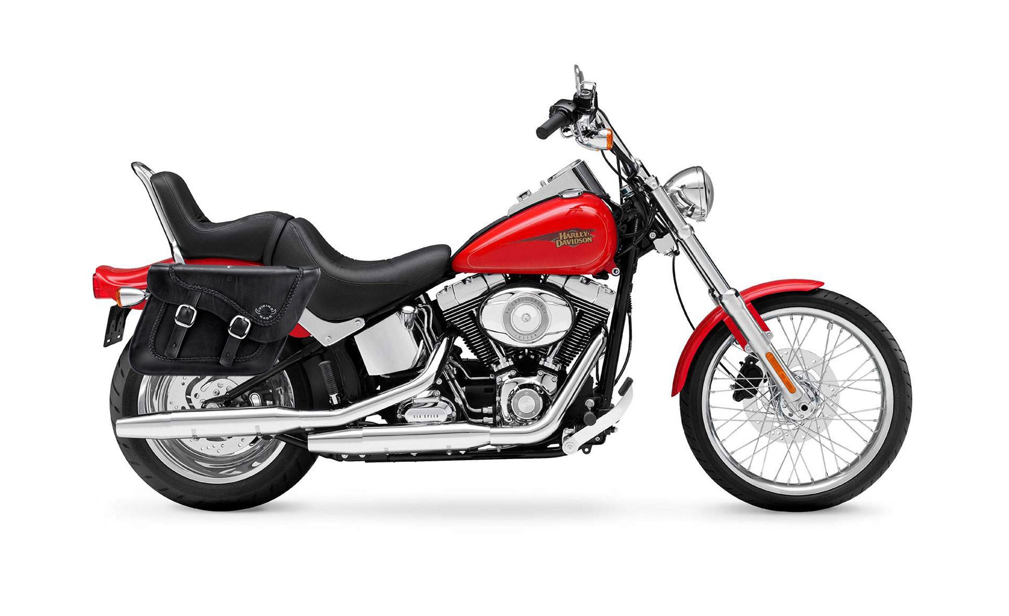 Viking Americano Braided Large Leather Motorcycle Saddlebags For Harley Softail Custom Fxstc on Bike Photo @expand