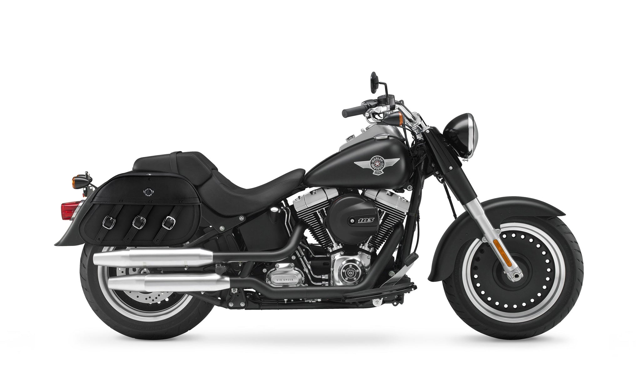 Viking Trianon Extra Large Leather Motorcycle Saddlebags For Harley Softail Fat Boy Lo Flstfb on Bike Photo @expand