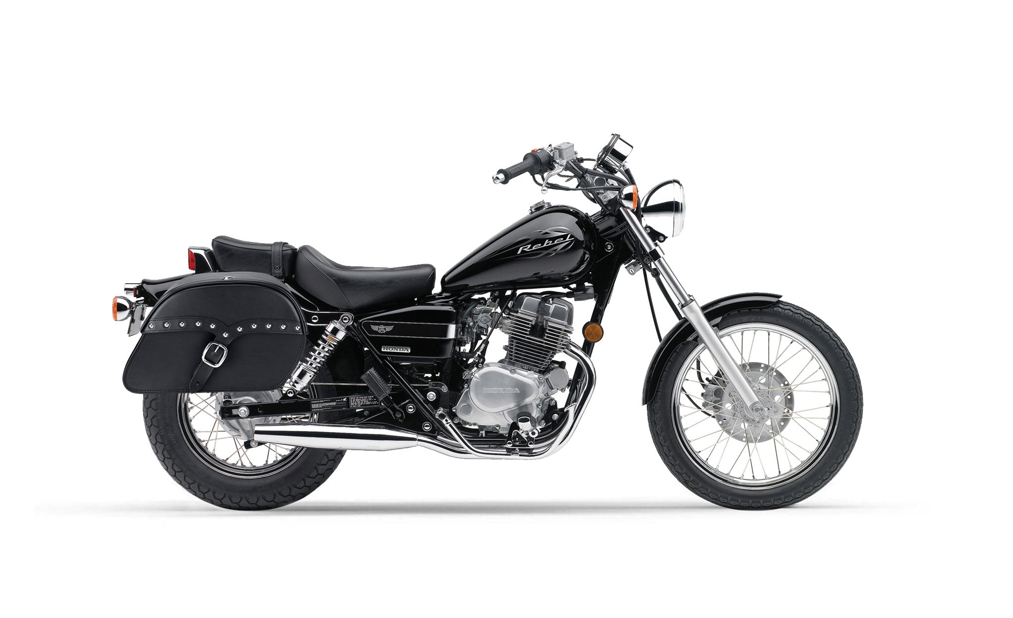 Viking Vintage Single Strap Large Honda Rebel 250 Leather Studded Motorcycle Saddlebags on Bike Photo @expand