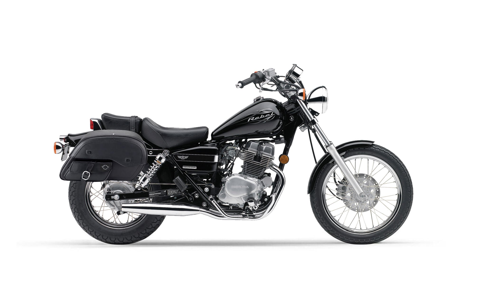 Viking Essential Side Pocket Large Honda Rebel 250 Leather Motorcycle Saddlebags on Bike Photo @expand