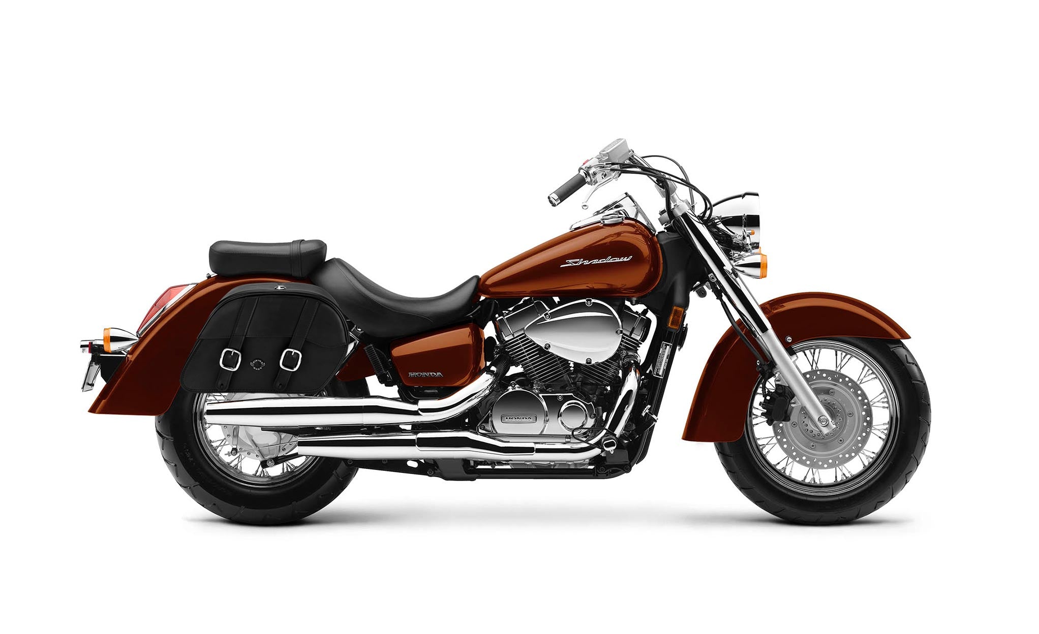 Viking Skarner Medium Lockable Honda Shadow 1100 Aero Leather Motorcycle Saddlebags on Bike Photo @expand
