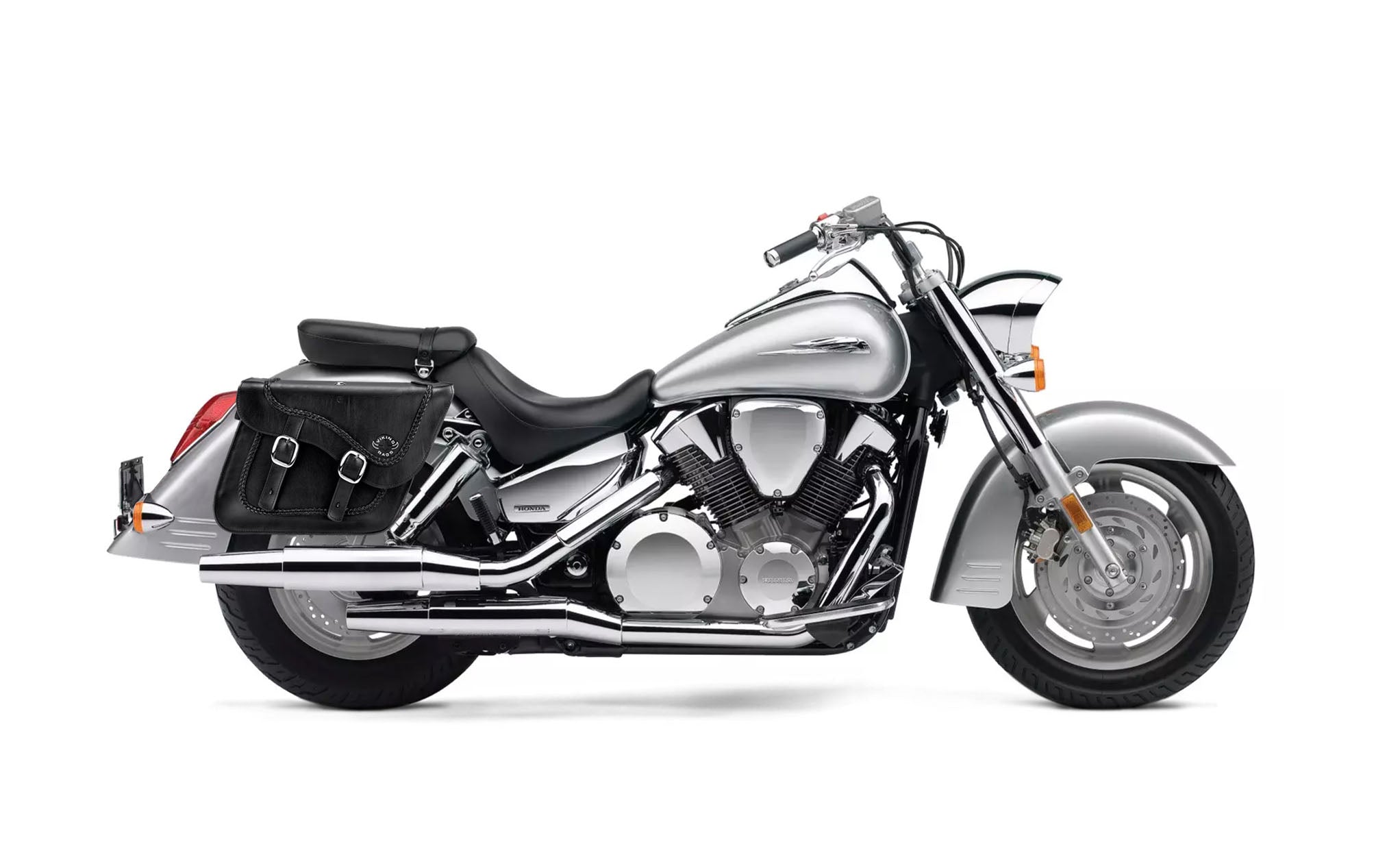 Viking Americano Honda Vtx 1300 S Braided Large Leather Motorcycle Saddlebags on Bike Photo @expand