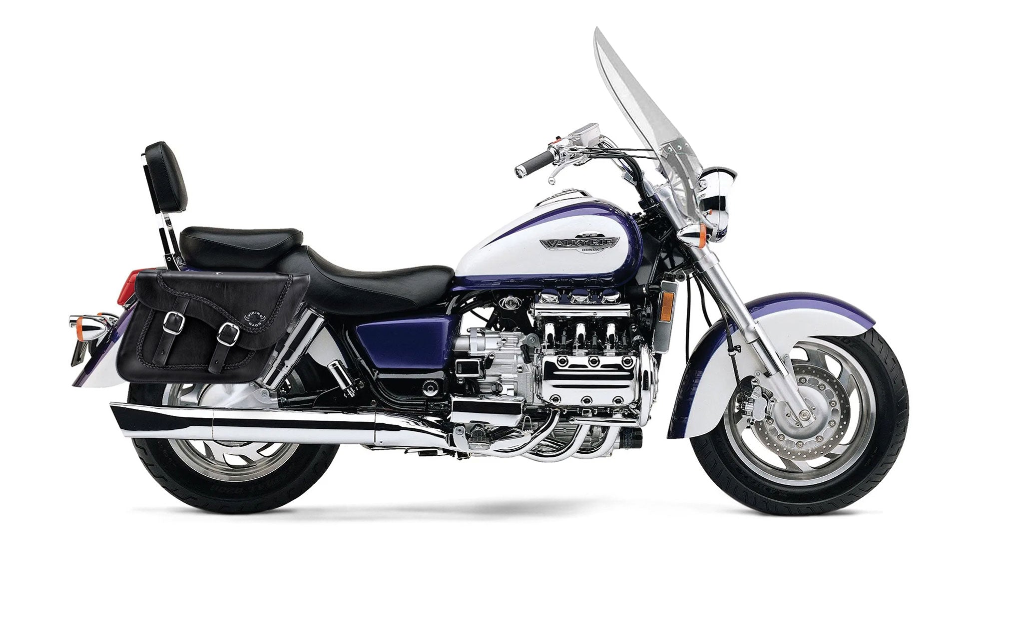 Viking Americano Honda Valkyrie 1500 Tourer Braided Large Leather Motorcycle Saddlebags on Bike Photo @expand