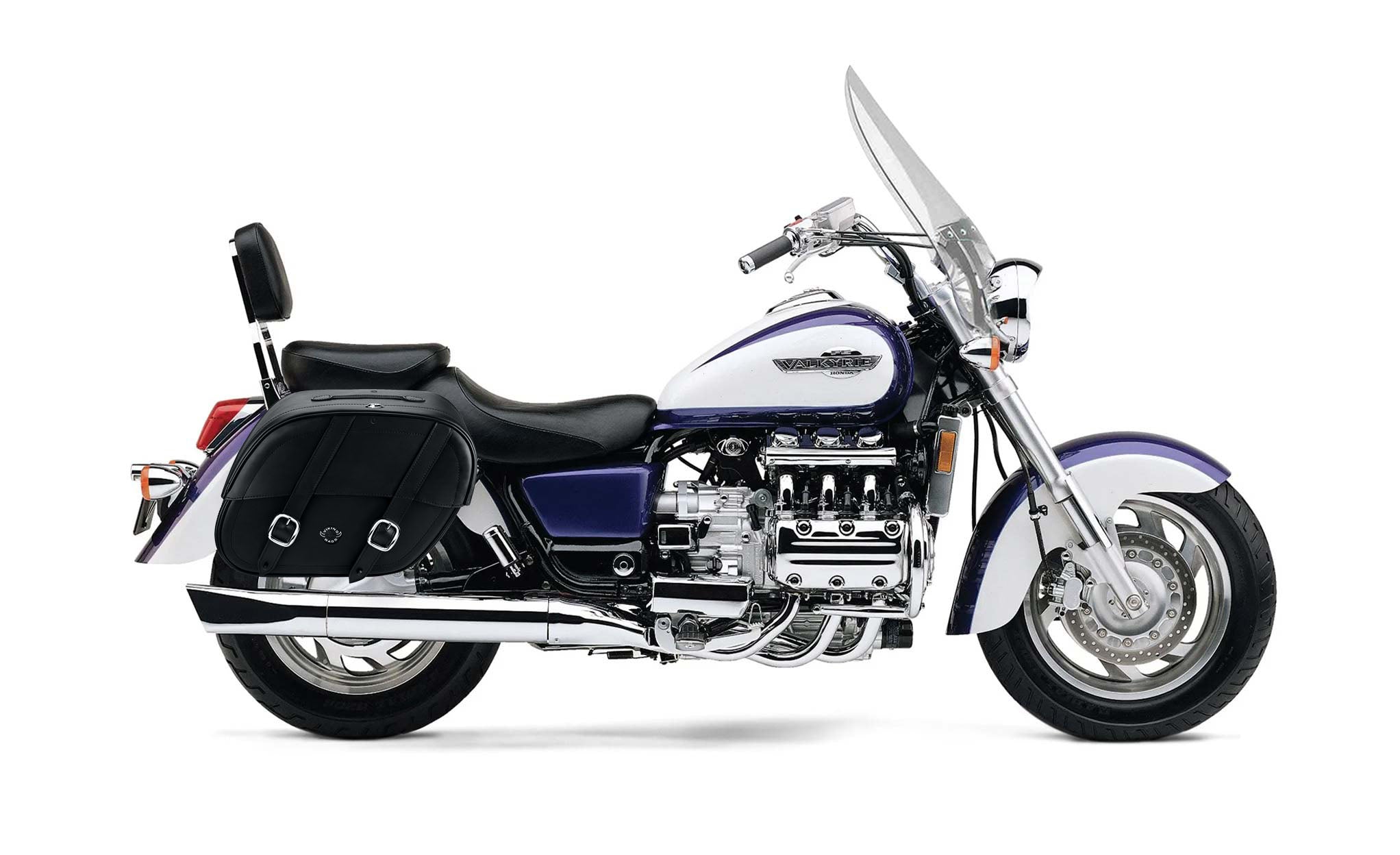 Viking Club Large Honda Valkyrie 1500 Tourer Shock Cut Out Leather Motorcycle Saddlebags on Bike Photo @expand