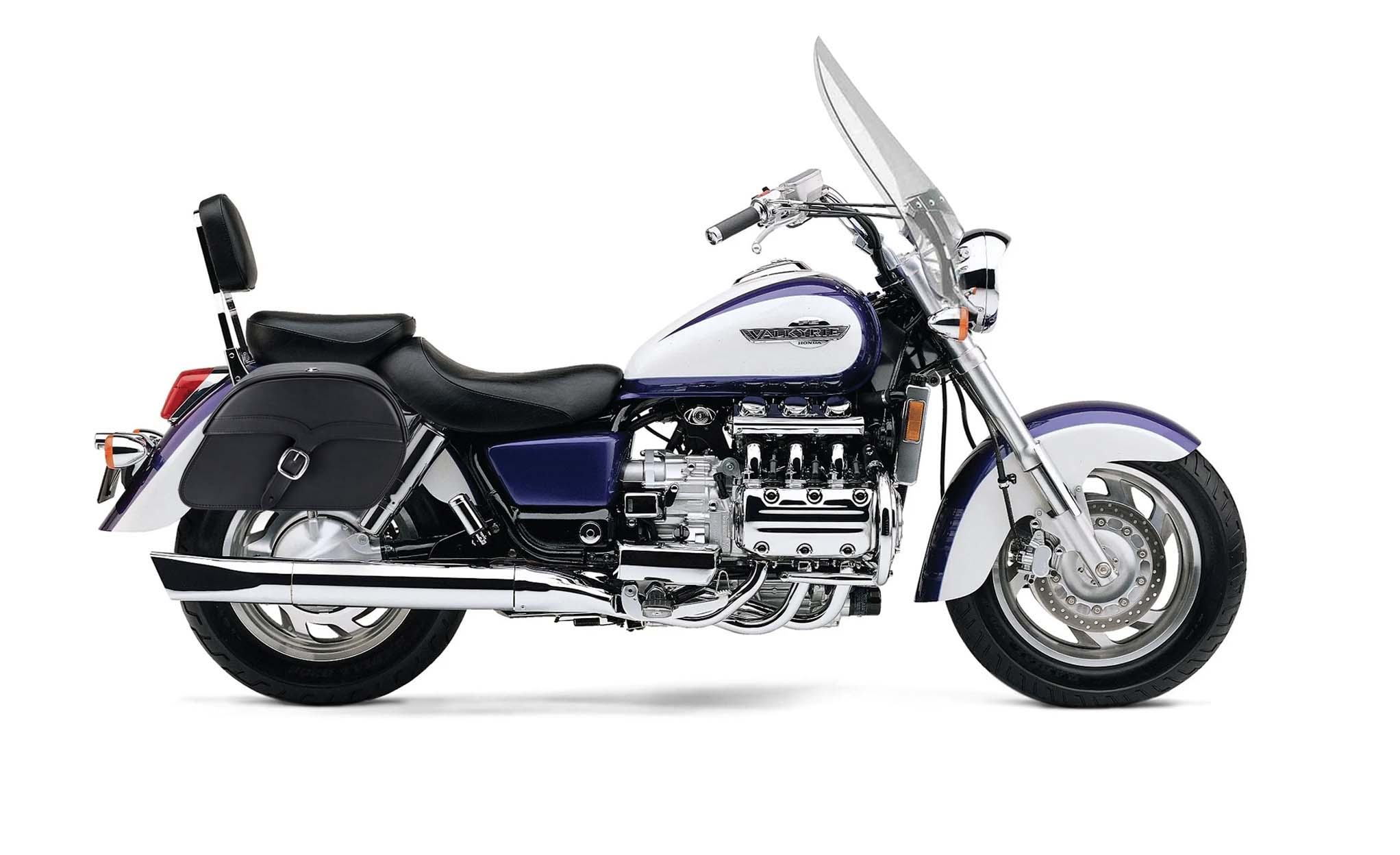 Viking Vintage Medium Honda Valkyrie 1500 Tourer Leather Motorcycle Saddlebags on Bike Photo @expand
