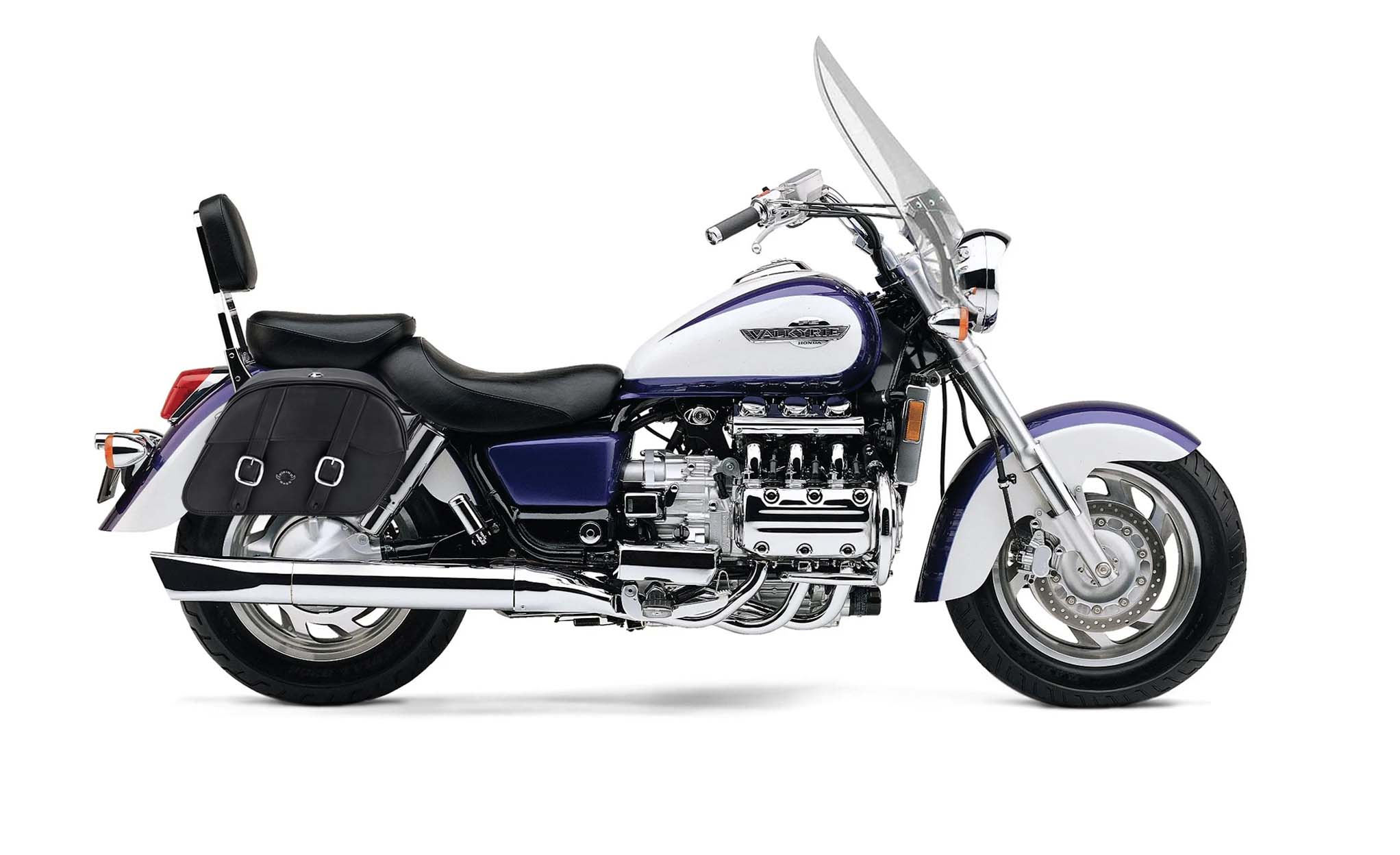 Viking Skarner Medium Lockable Honda Valkyrie 1500 Tourer Leather Motorcycle Saddlebags on Bike Photo @expand