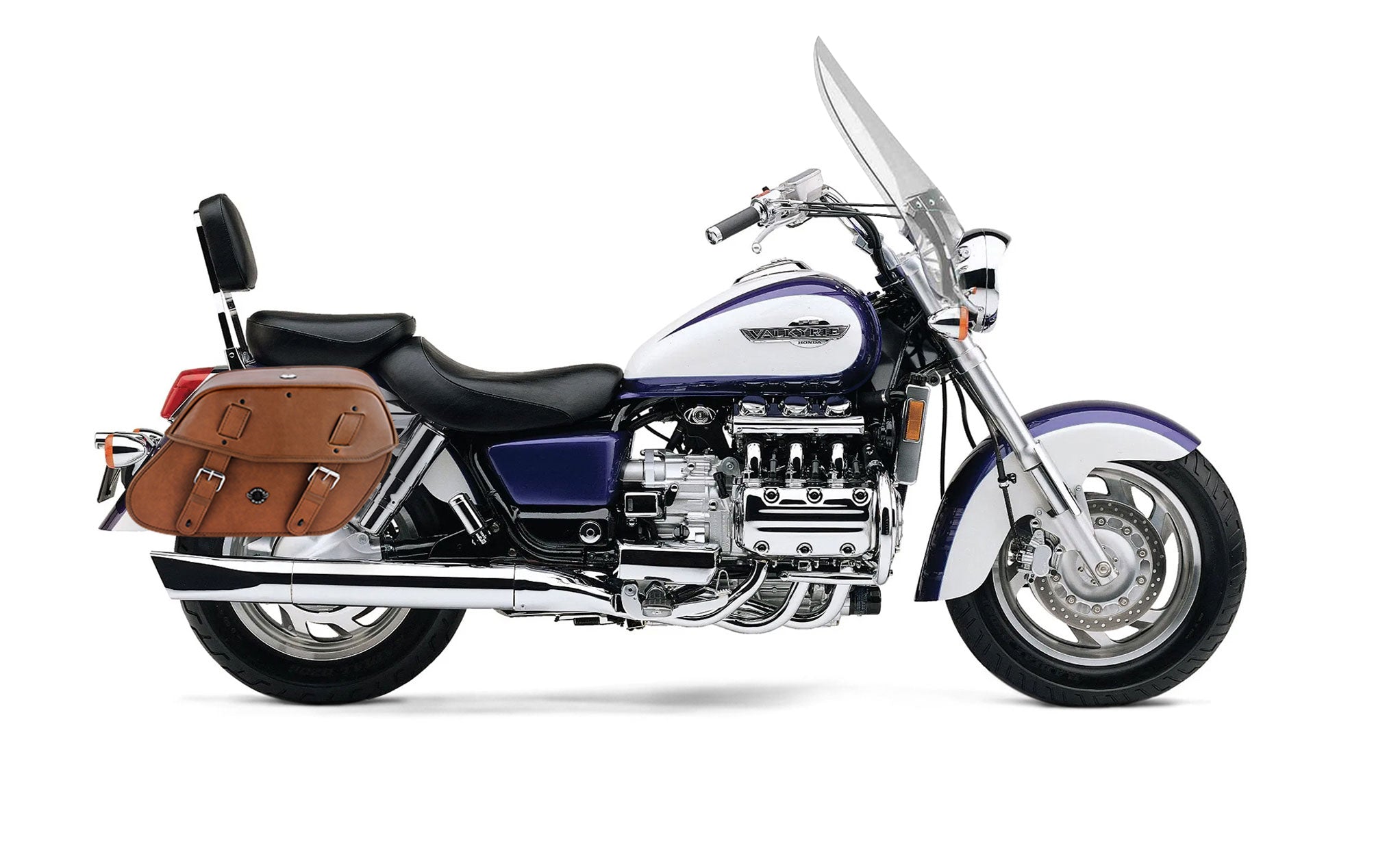 Viking Odin Brown Large Honda Valkyrie 1500 Tourer Leather Motorcycle Saddlebags on Bike Photo @expand