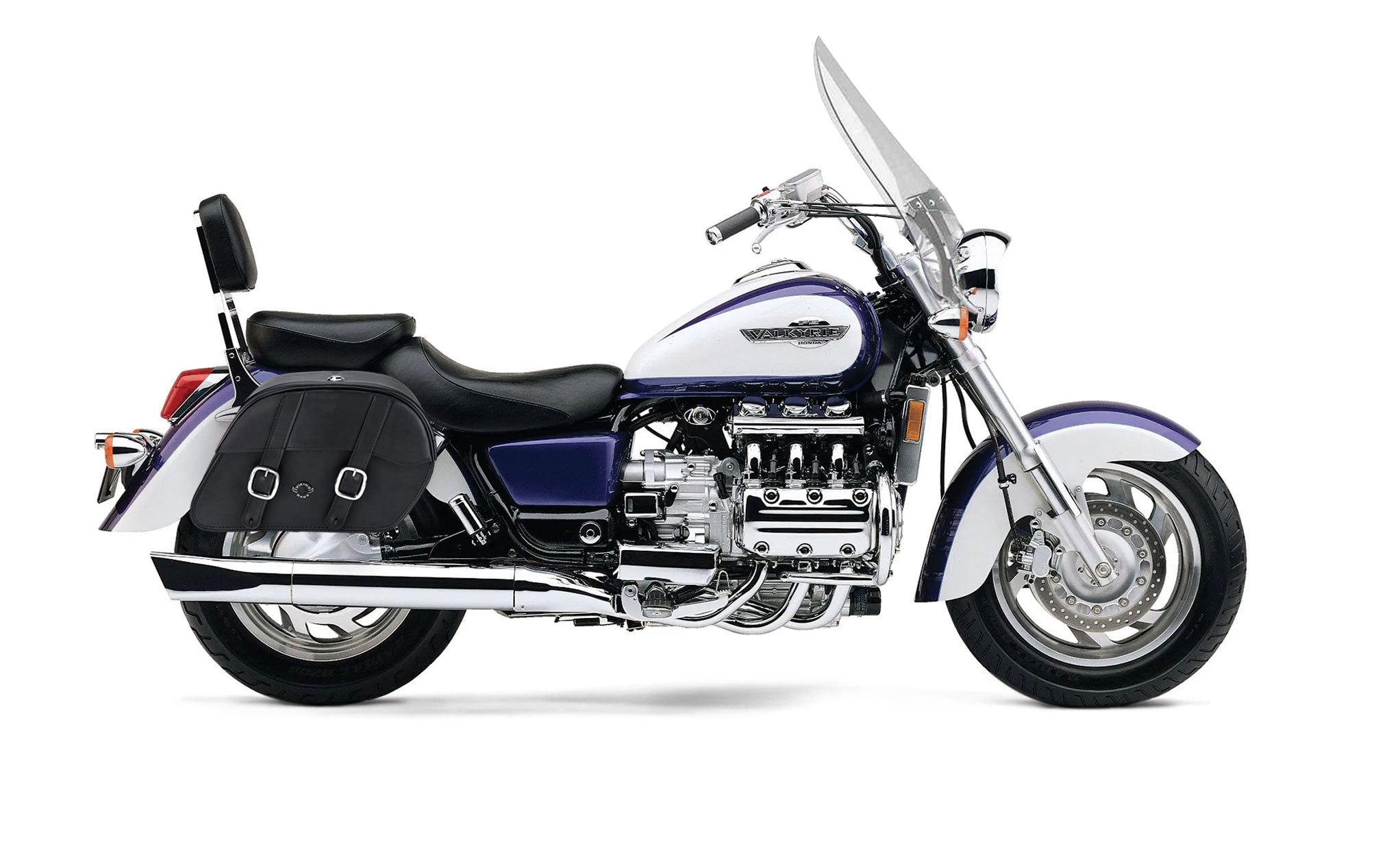 Viking Skarner Large Honda Valkyrie 1500 Tourer Shock Cut Out Leather Motorcycle Saddlebags on Bike Photo @expand