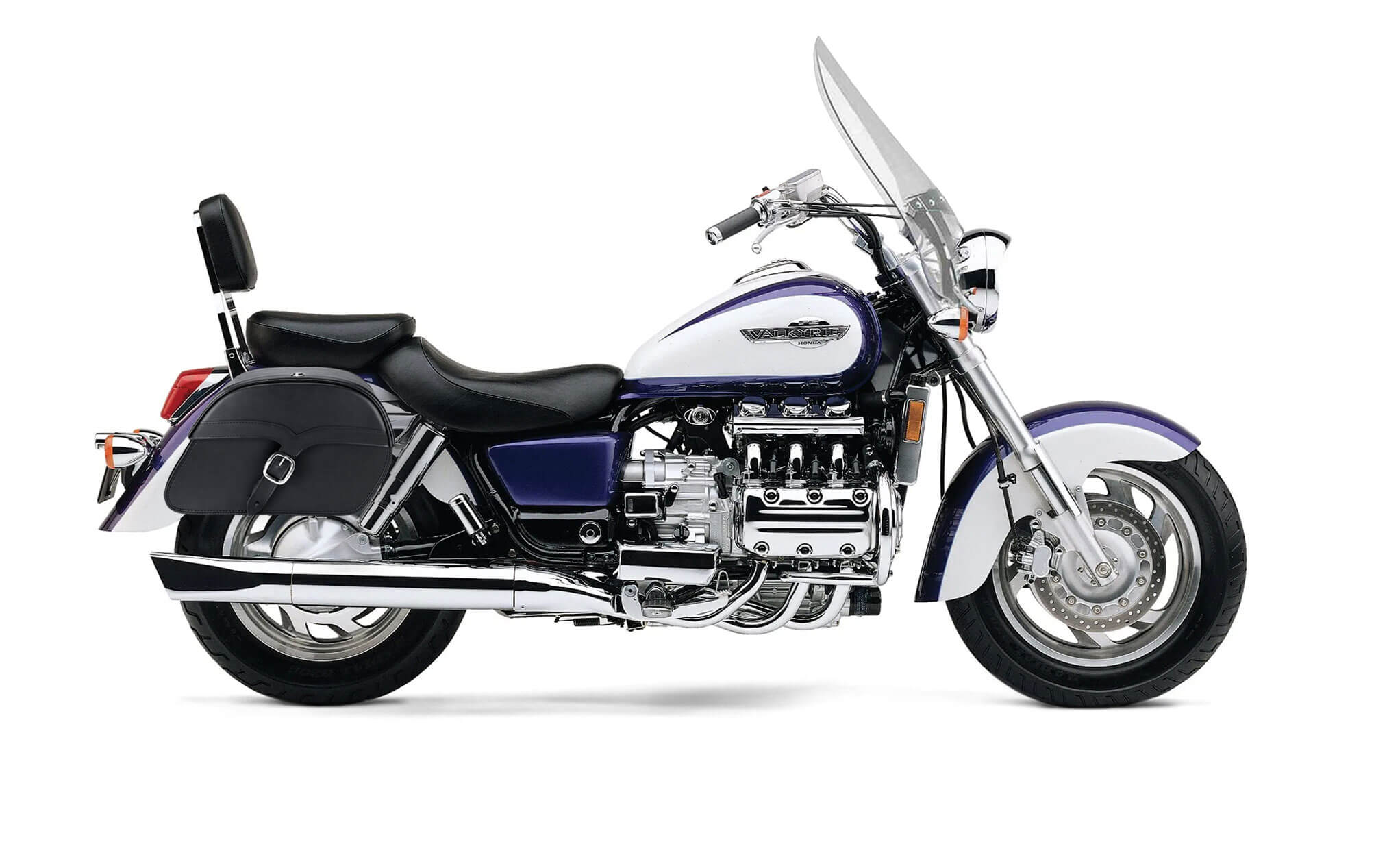 Viking Vintage Large Honda Valkyrie 1500 Tourer Shock Cut Out Leather Motorcycle Saddlebags on Bike Photo @expand