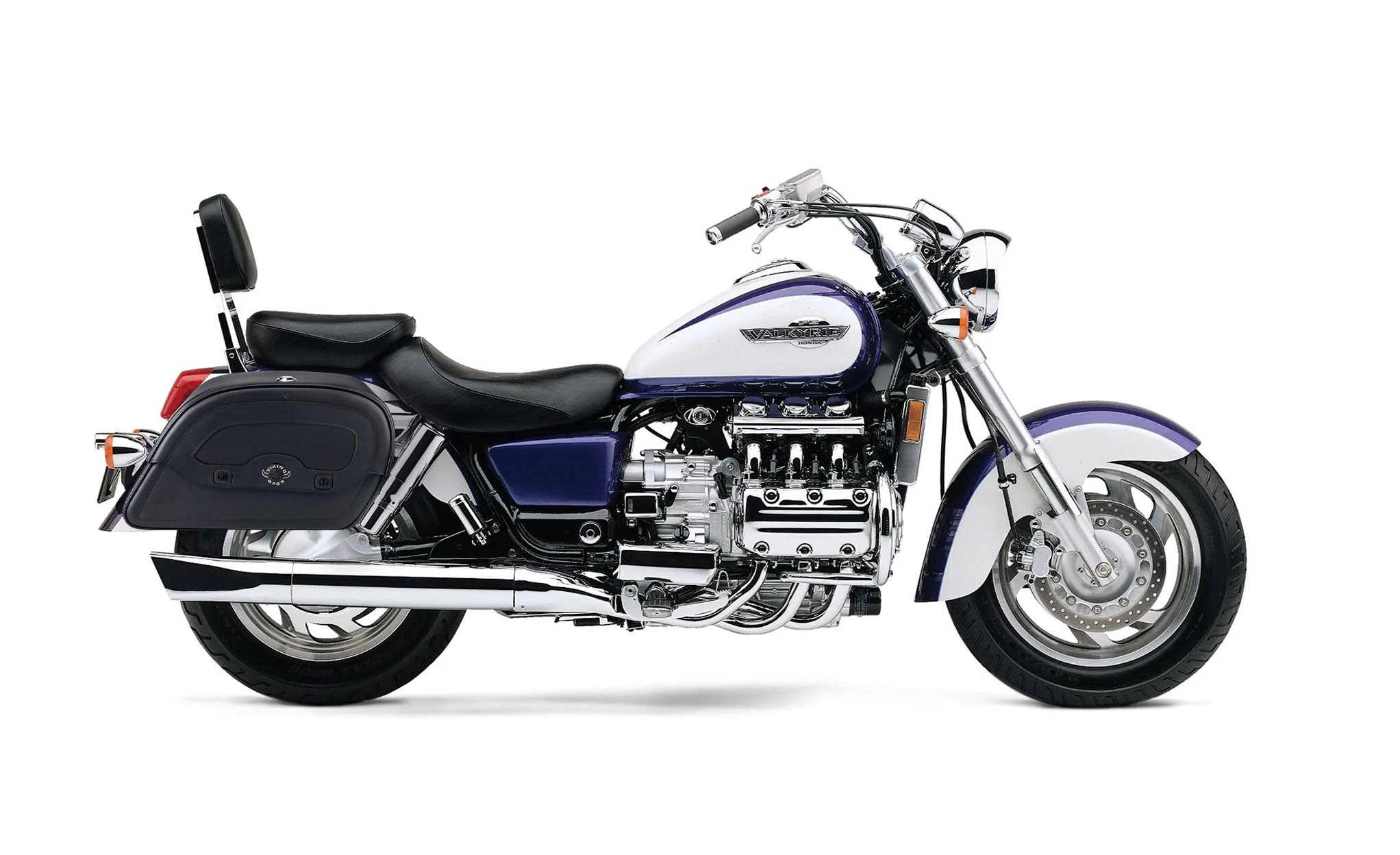 Viking Warrior Large Honda 1500 Valkyrie Interstate Leather Motorcycle Saddlebags on Bike Photo @expand