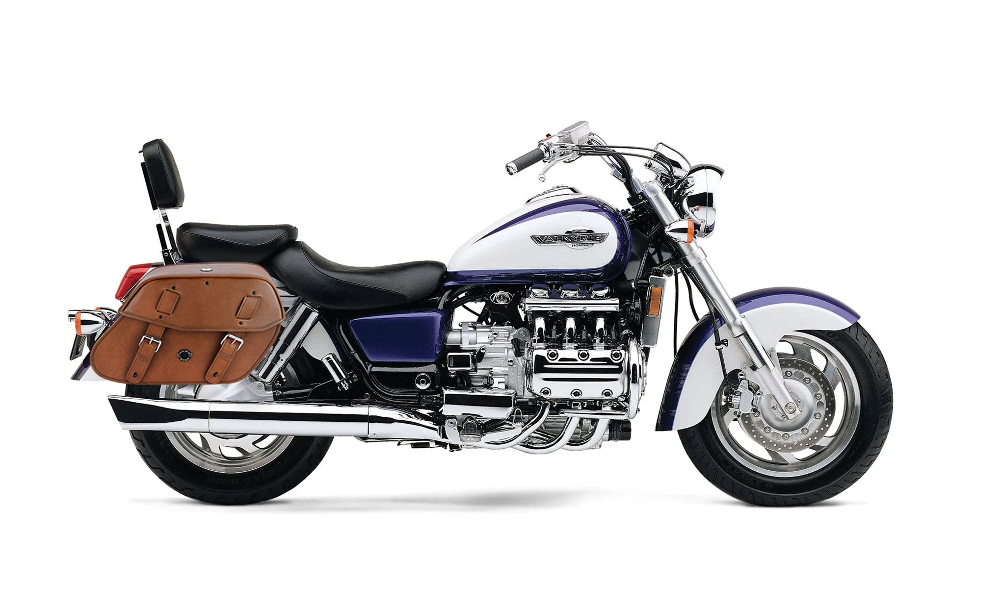 Viking Odin Brown Large Honda Valkyrie 1500 Interstate Leather Motorcycle Saddlebags on Bike Photo @expand