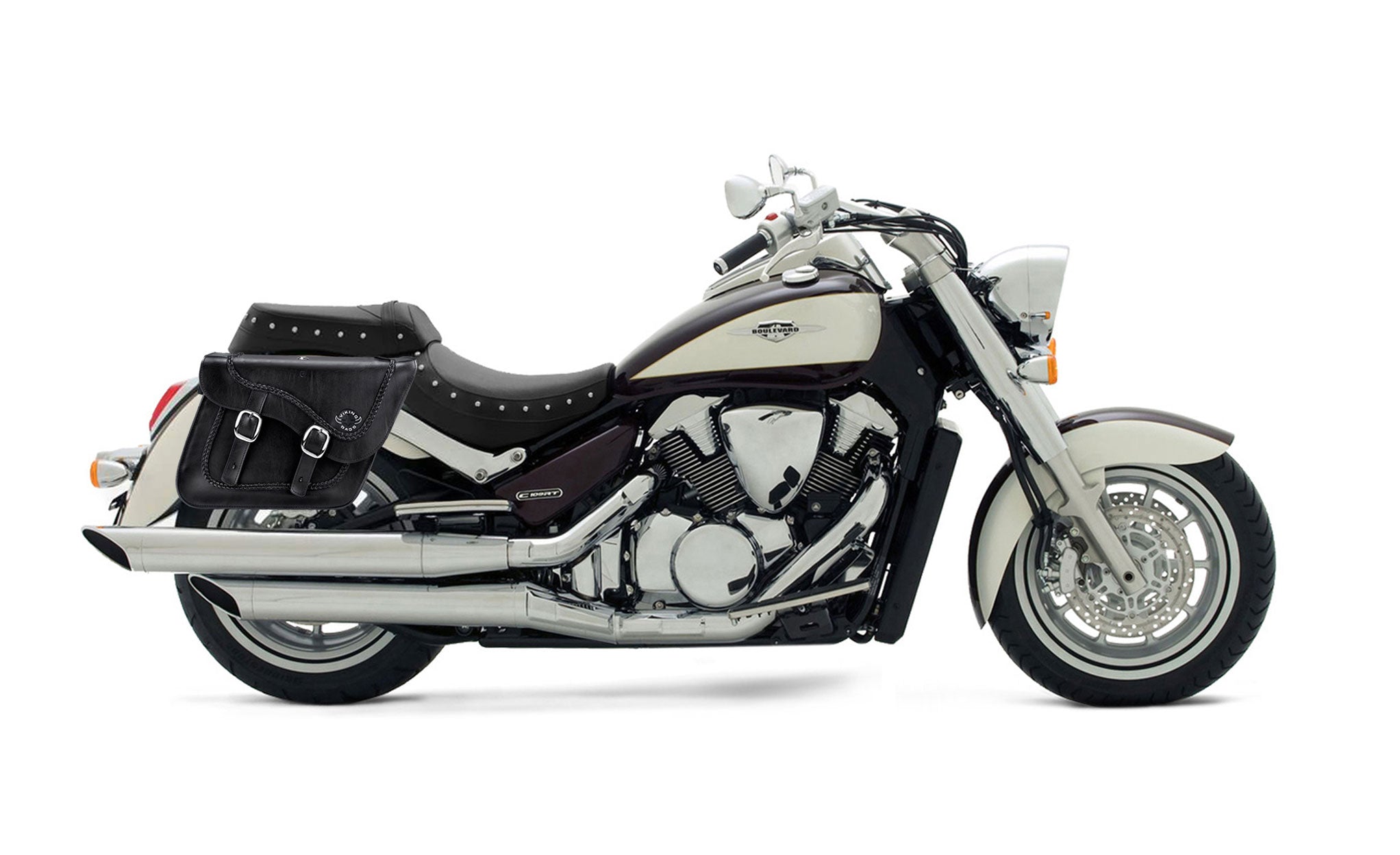 Viking Americano Suzuki Boulevard C109 Braided Large Leather Motorcycle Saddlebags on Bike Photo @expand