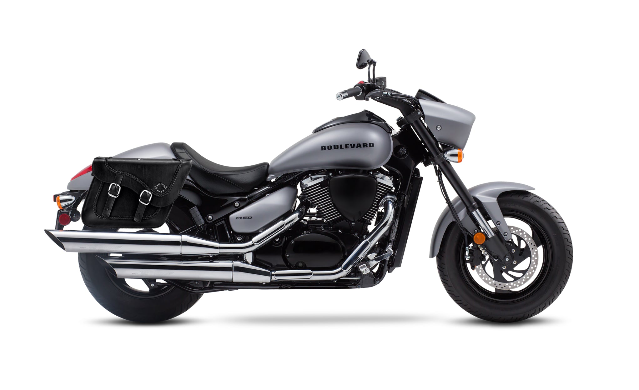 Viking Americano Suzuki Boulevard M50 Vz800 Braided Large Leather Motorcycle Saddlebags on Bike Photo @expand