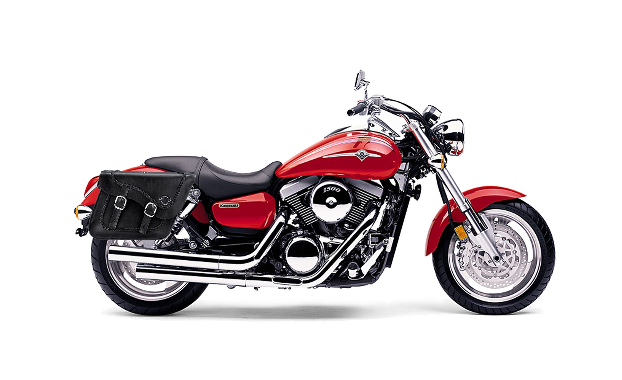 Viking Americano Kawasaki Mean Streak 1500 Braided Large Leather Motorcycle Saddlebags on Bike Photo @expand