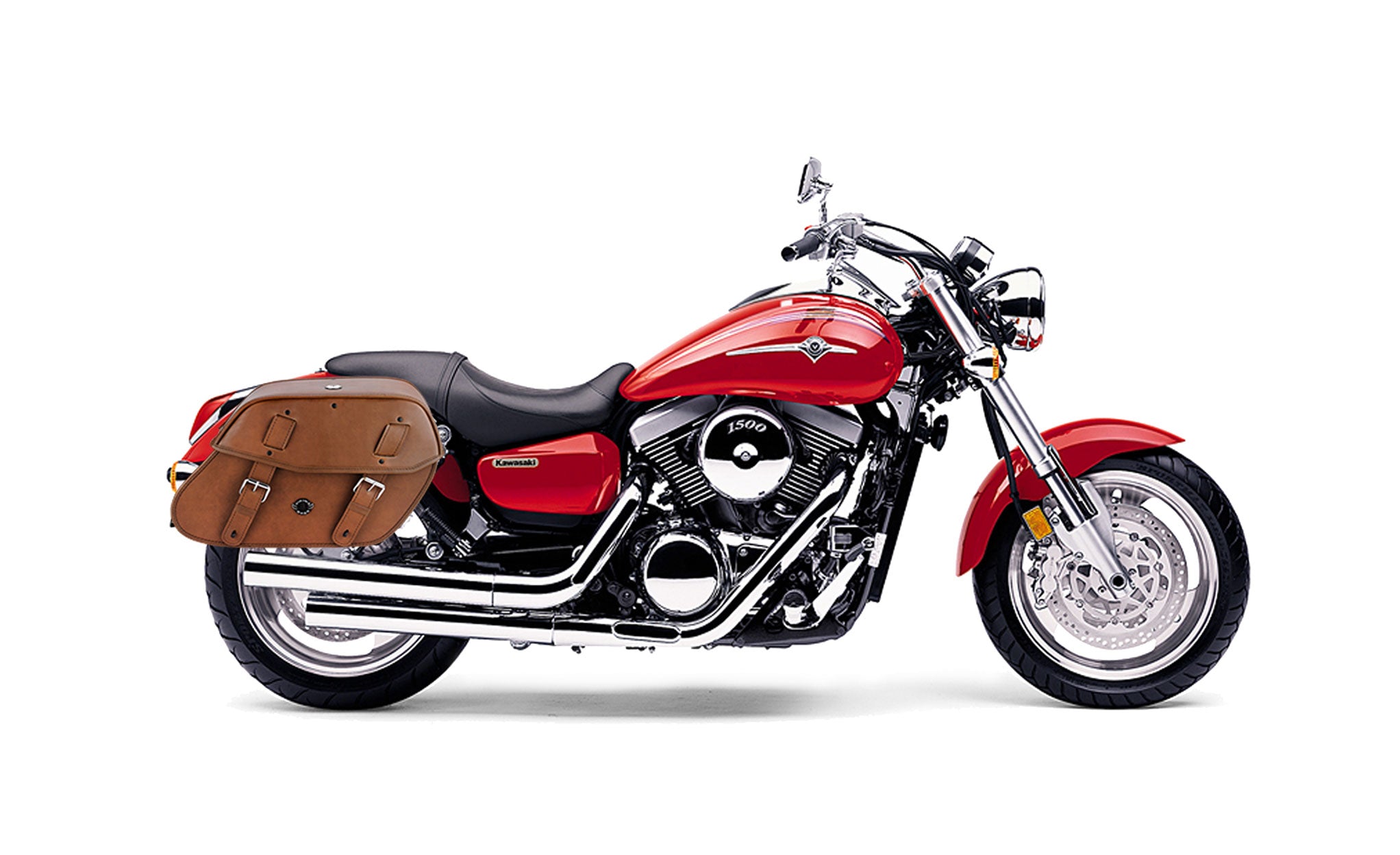 Viking Odin Brown Large Kawasaki Mean Streak 1500 Leather Motorcycle Saddlebags on Bike Photo @expand