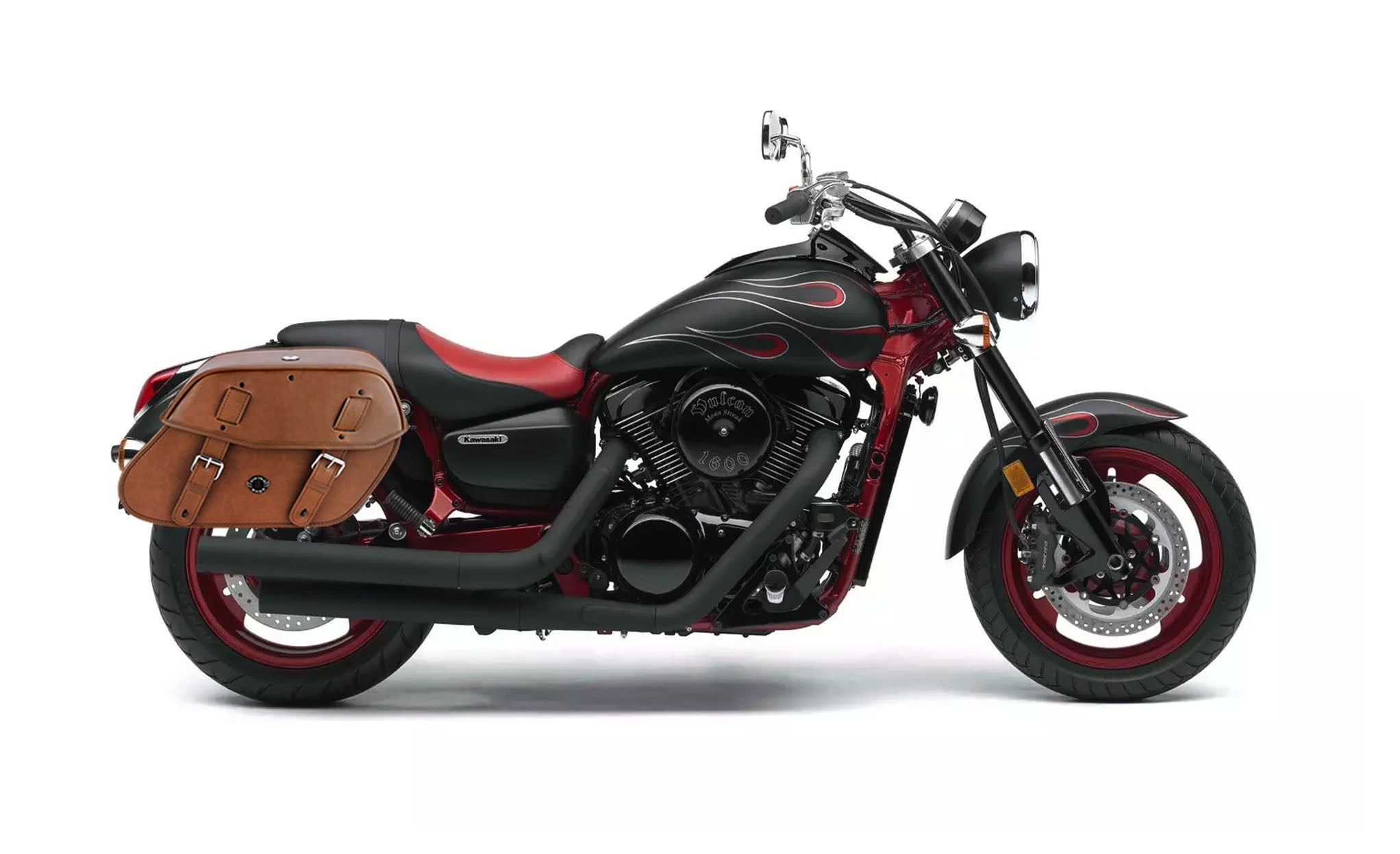 Viking Odin Brown Large Kawasaki Mean Streak 1600 Leather Motorcycle Saddlebags on Bike Photo @expand