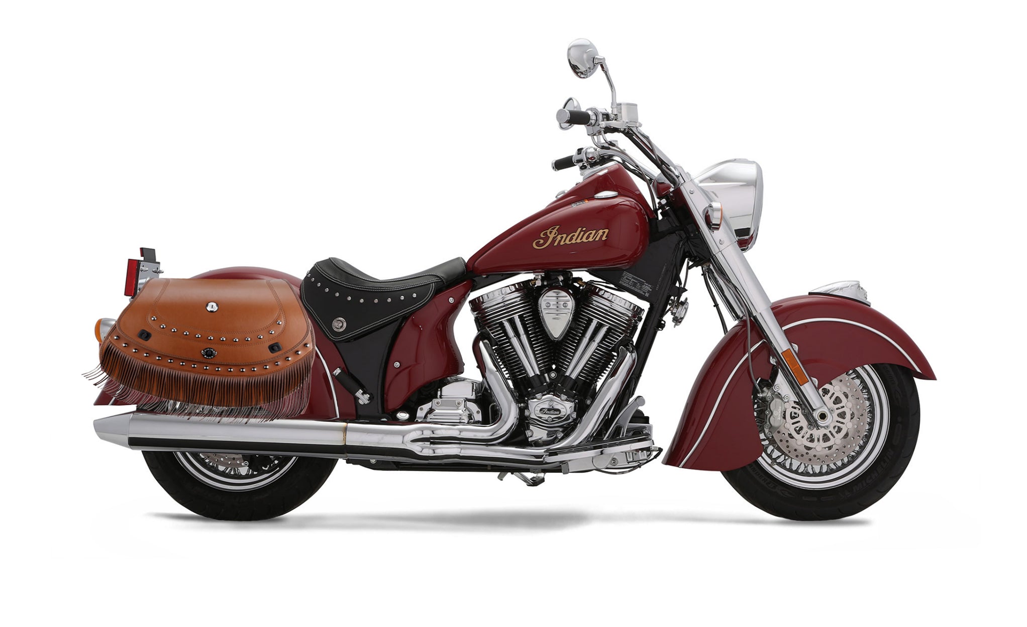 Viking Mohawk Extra Large Indian Chief Deluxe Specific Leather Motorcycle Saddlebags on Bike Photo @expand