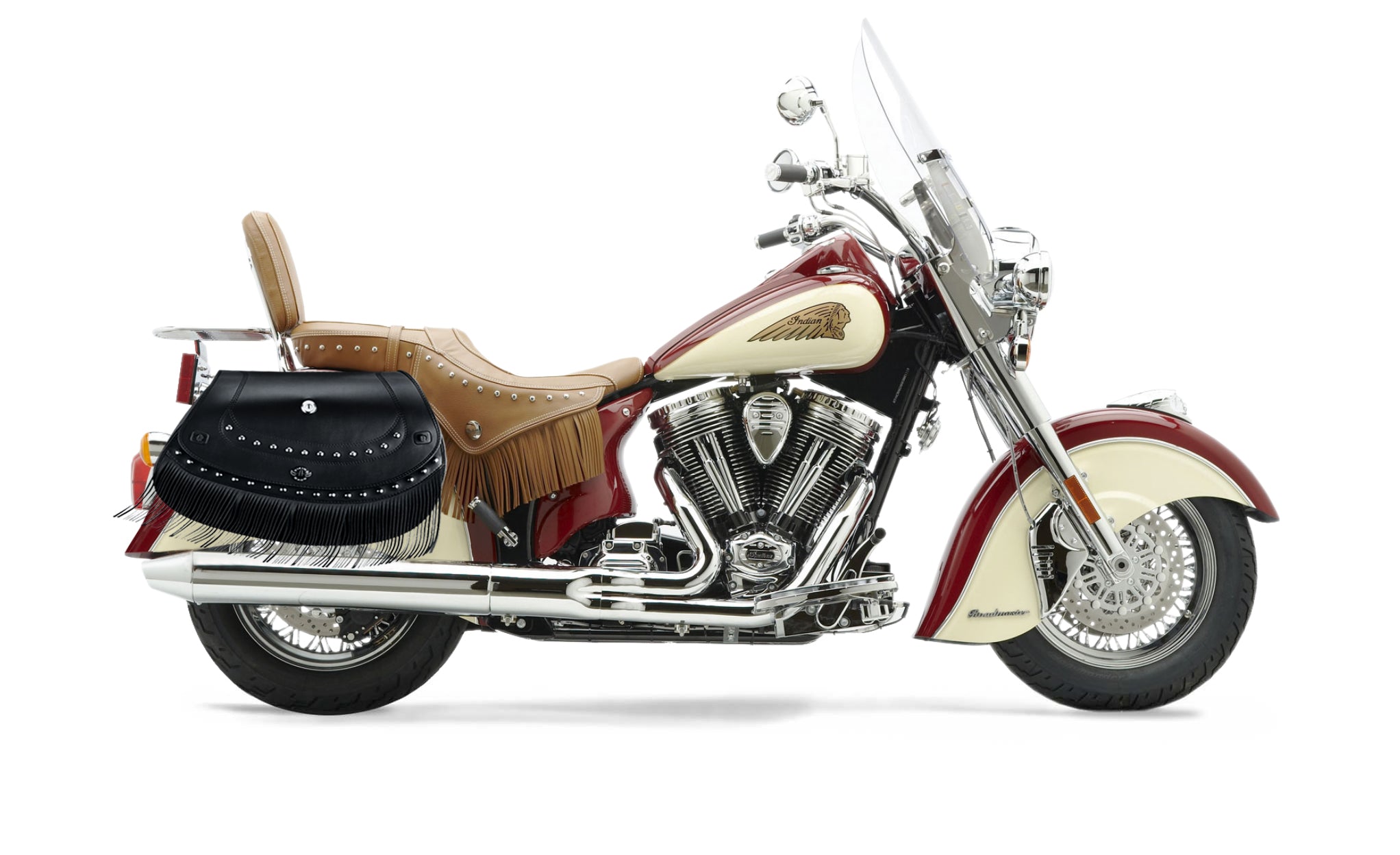 Viking Mohawk Extra Large Indian Chief Roadmaster Specific Leather Motorcycle Saddlebags on Bike Photo @expand