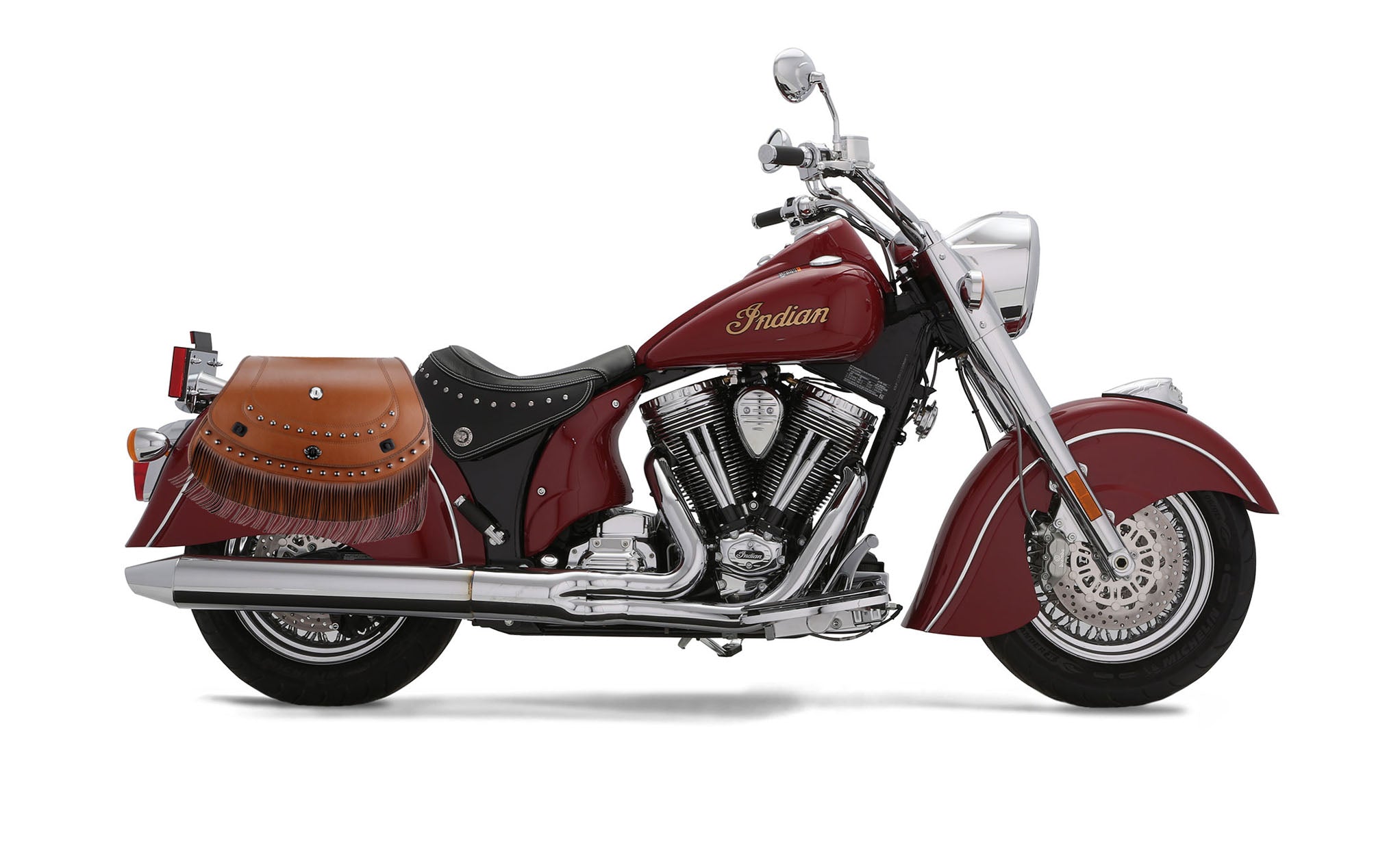 Viking Mohawk Brown Extra Large Indian Chief Deluxe Specific Leather Motorcycle Saddlebags on Bike Photo @expand