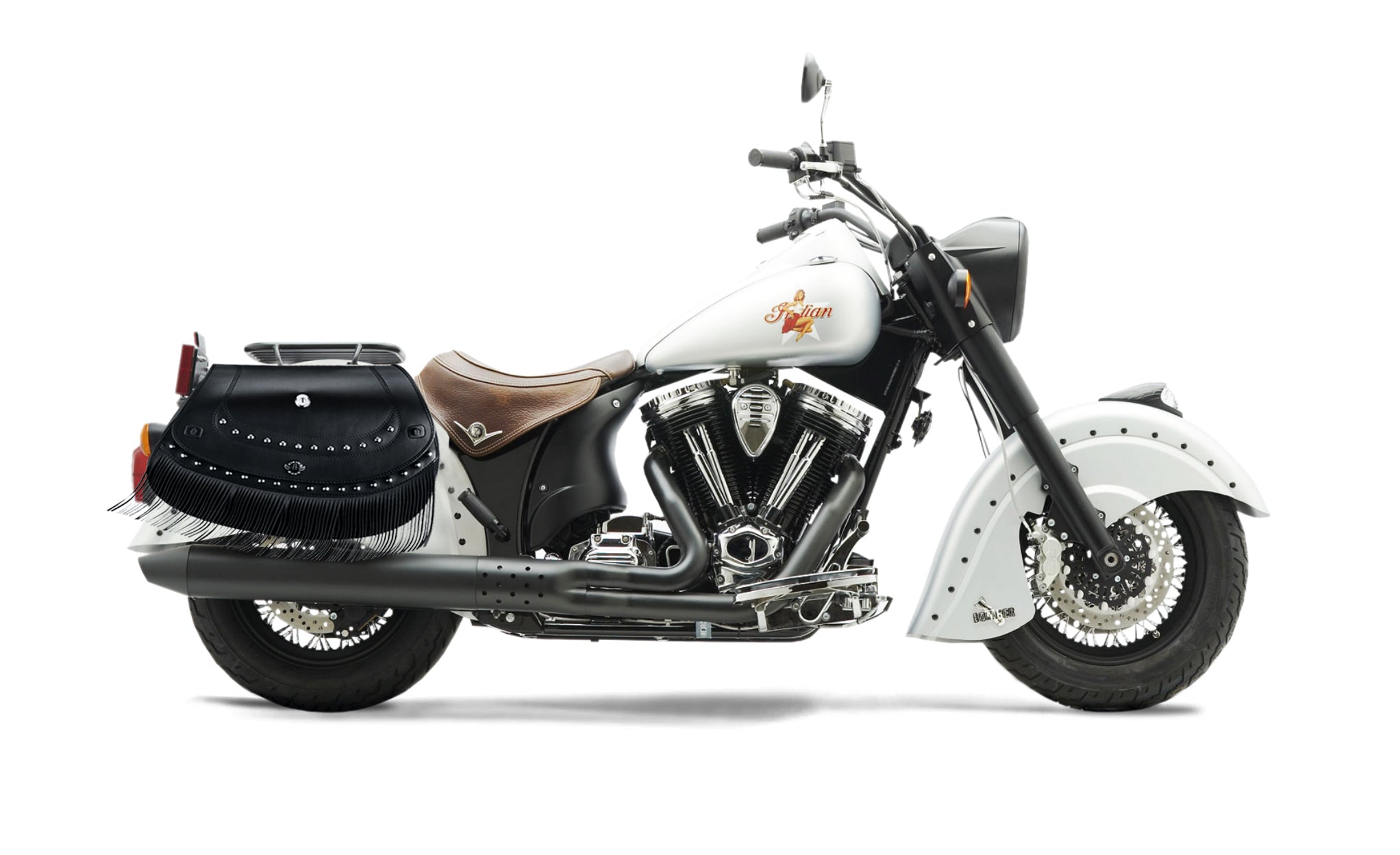 Viking Mohawk Extra Large Indian Chief Bomber Specific Leather Motorcycle Saddlebags on Bike Photo @expand