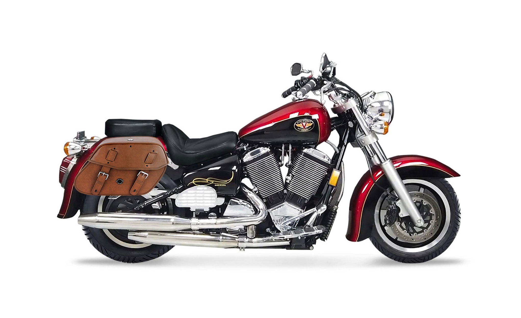 Viking Odin Brown Large Victory V92C Leather Motorcycle Saddlebags on Bike Photo @expand