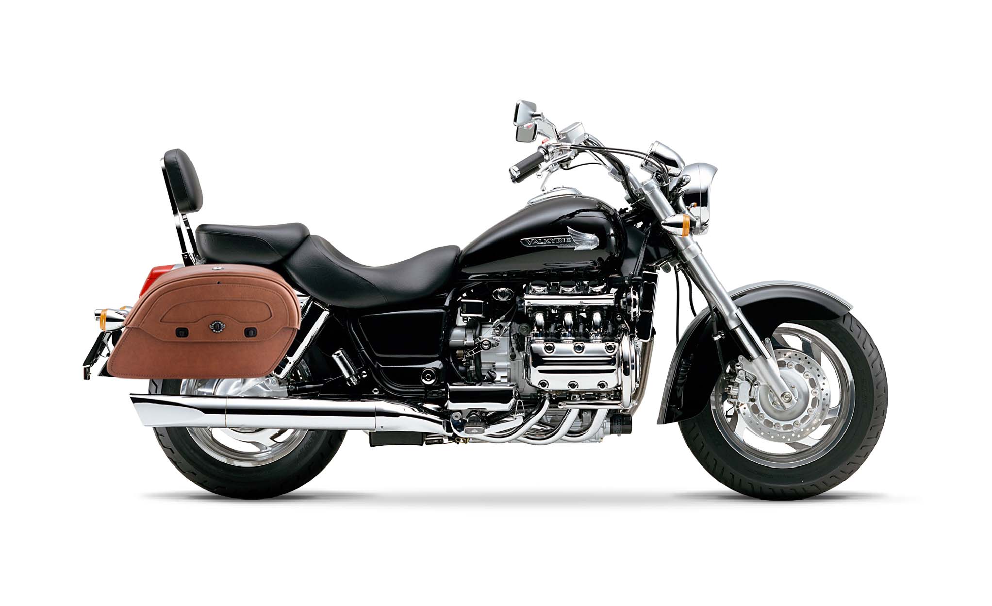 Viking Warrior Brown Large Honda 1500 Valkyrie Standard Leather Motorcycle Saddlebags on Bike Photo @expand