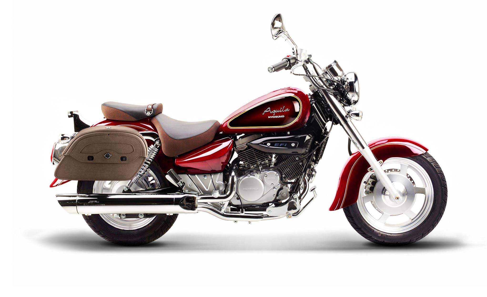 Viking Warrior Brown Large Hyosung Aquila Gv 250 Leather Motorcycle Saddlebags on Bike Photo @expand