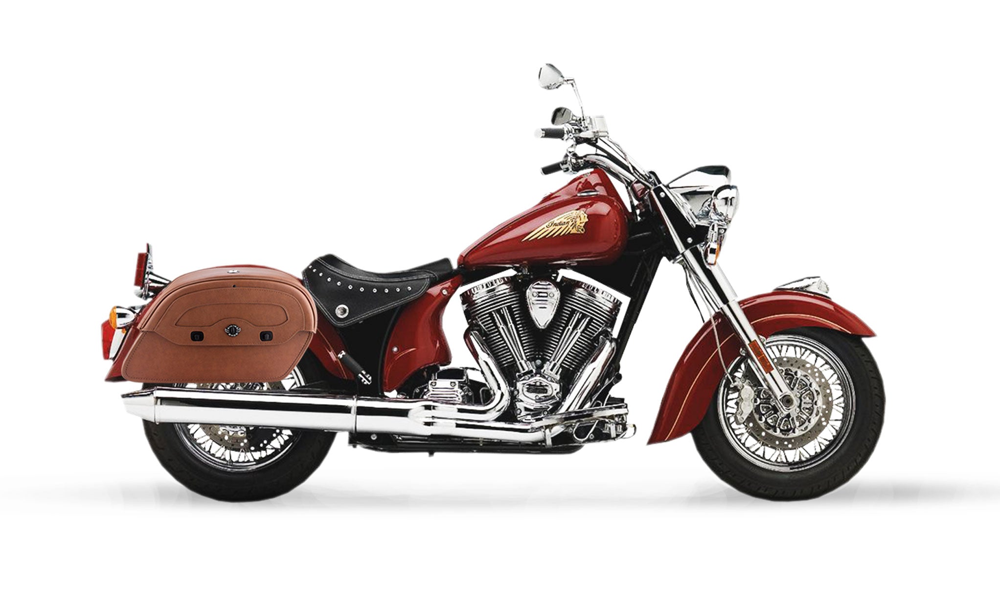Viking Warrior Brown Large Indian Chief Standard Leather Motorcycle Saddlebags on Bike Photo @expand