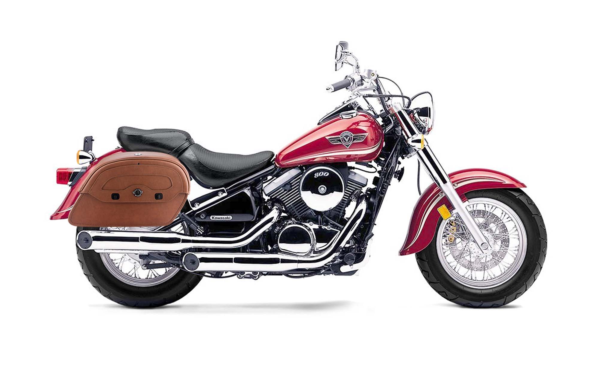 Viking Warrior Brown Large Kawasaki Vulcan 800 Classic Leather Motorcycle Saddlebags on Bike Photo @expand
