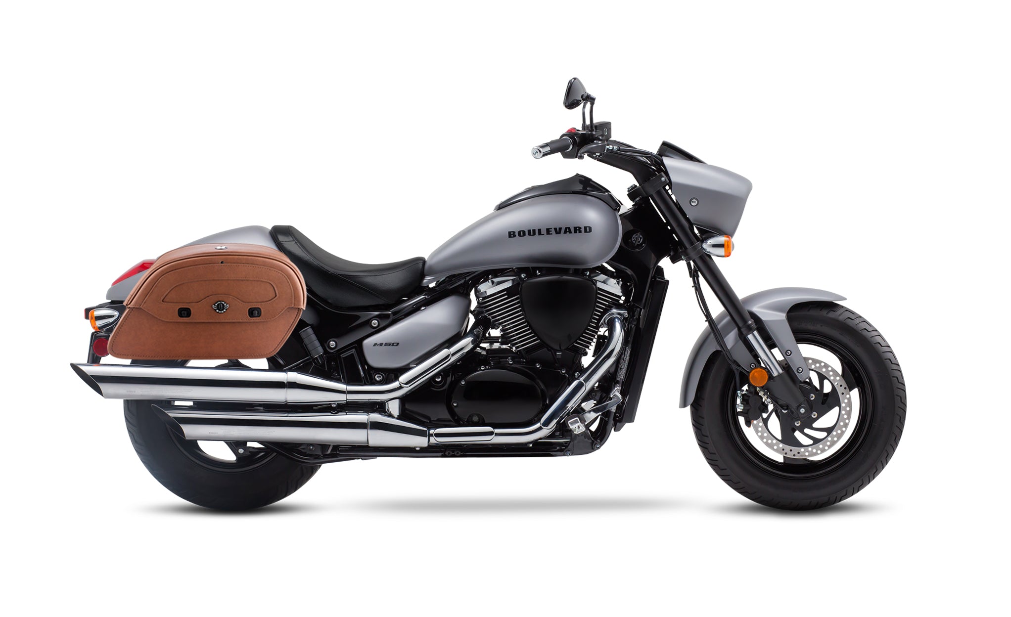 Viking Warrior Brown Large Suzuki Boulevard M50 Vz800 Leather Motorcycle Saddlebags on Bike Photo @expand