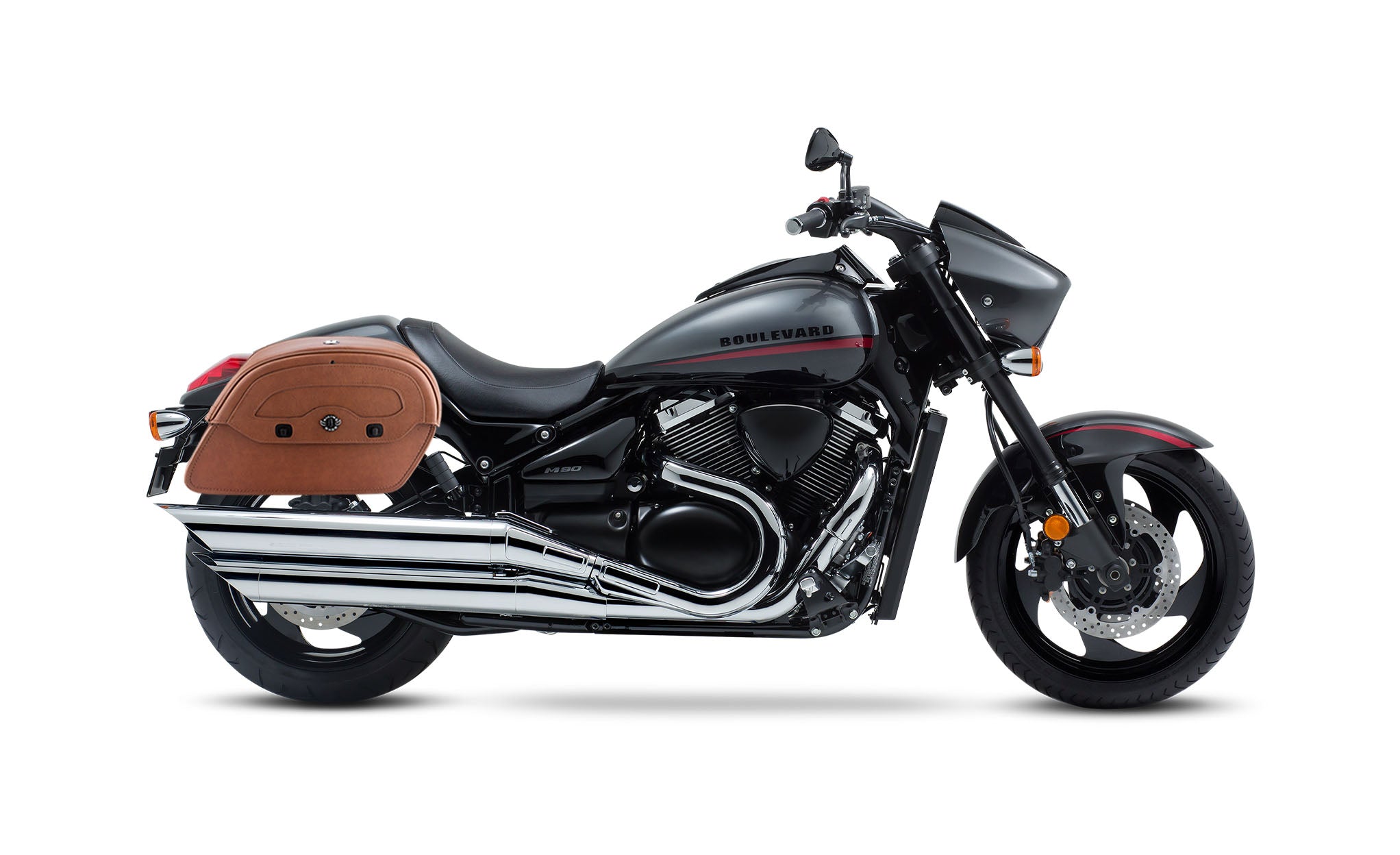 Viking Warrior Brown Large Suzuki Boulevard M90 Vz1500 Leather Motorcycle Saddlebags on Bike Photo @expand