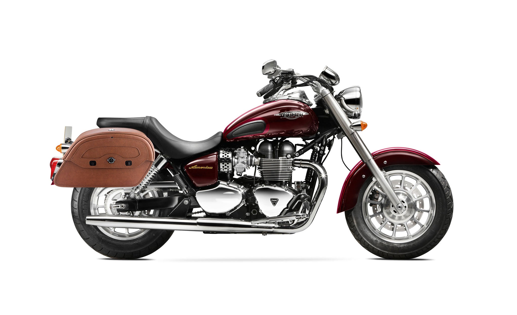 Viking Warrior Brown Large Triumph America Leather Motorcycle Saddlebags on Bike Photo @expand