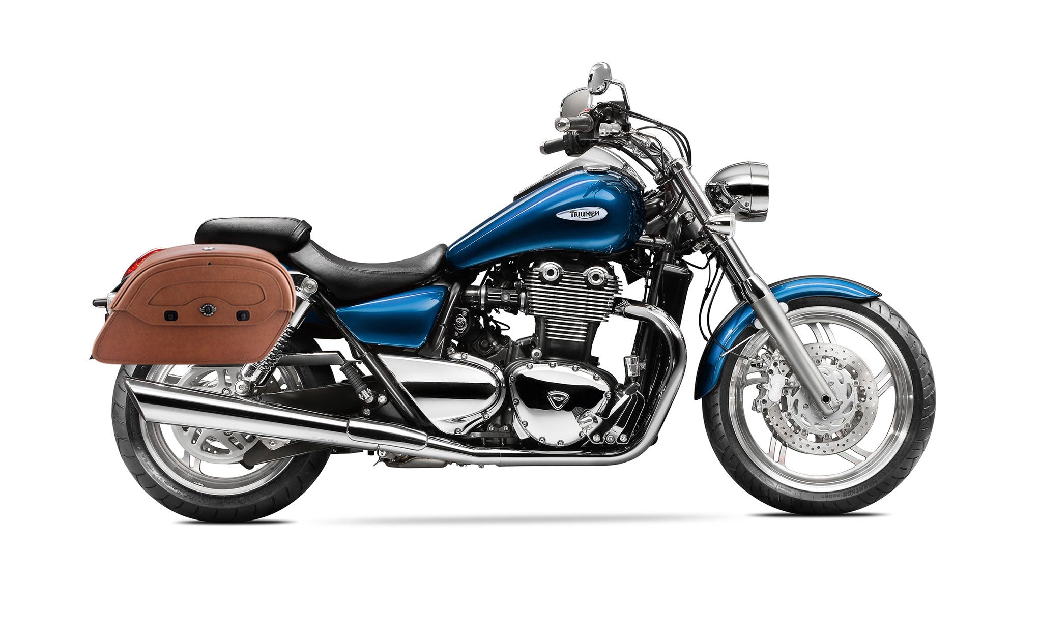 Viking Warrior Brown Large Triumph Thunderbird Leather Motorcycle Saddlebags on Bike Photo @expand